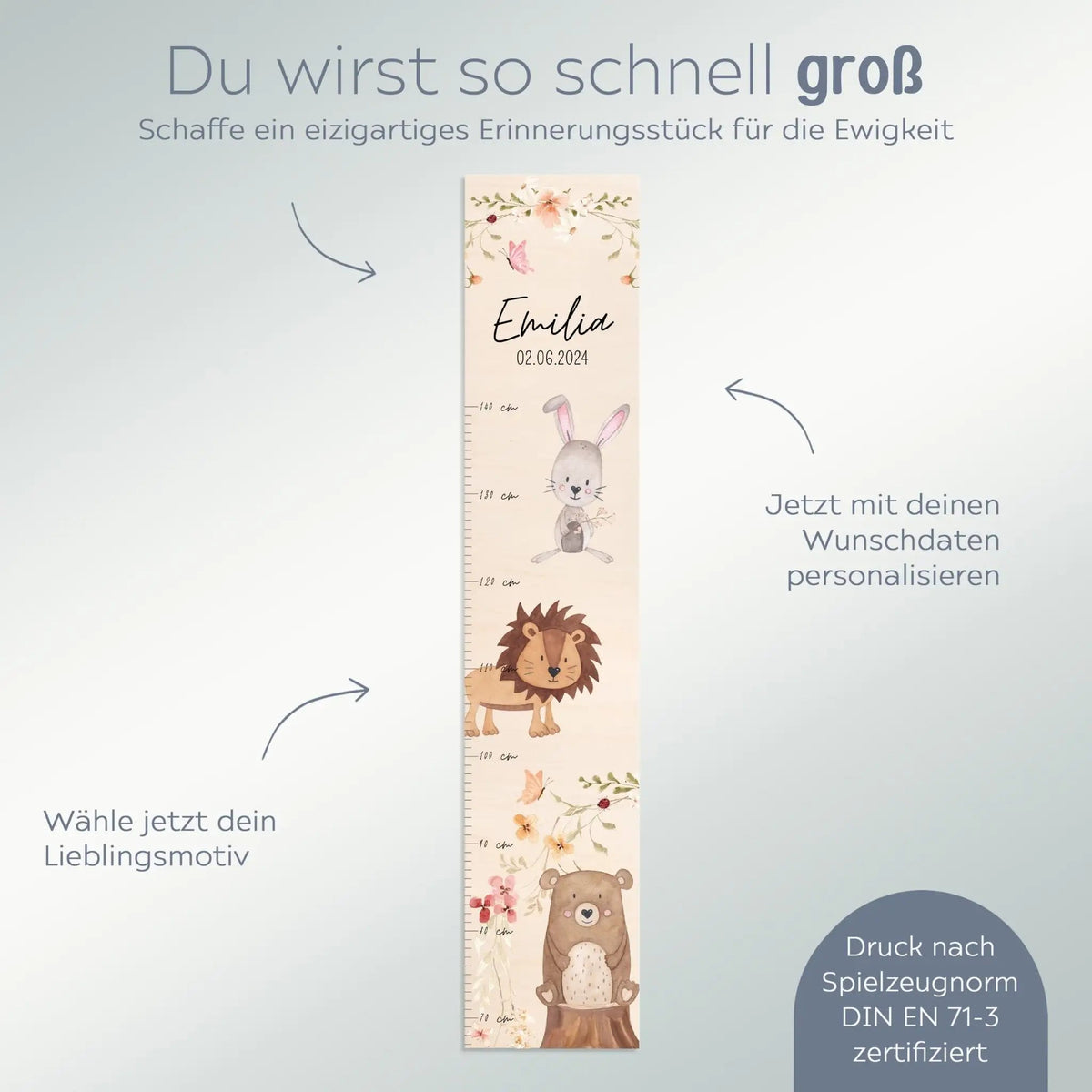 Kindermesslatte Holz personalisiert - Tiere Blumenkreis Aquarell - wunderwunsch