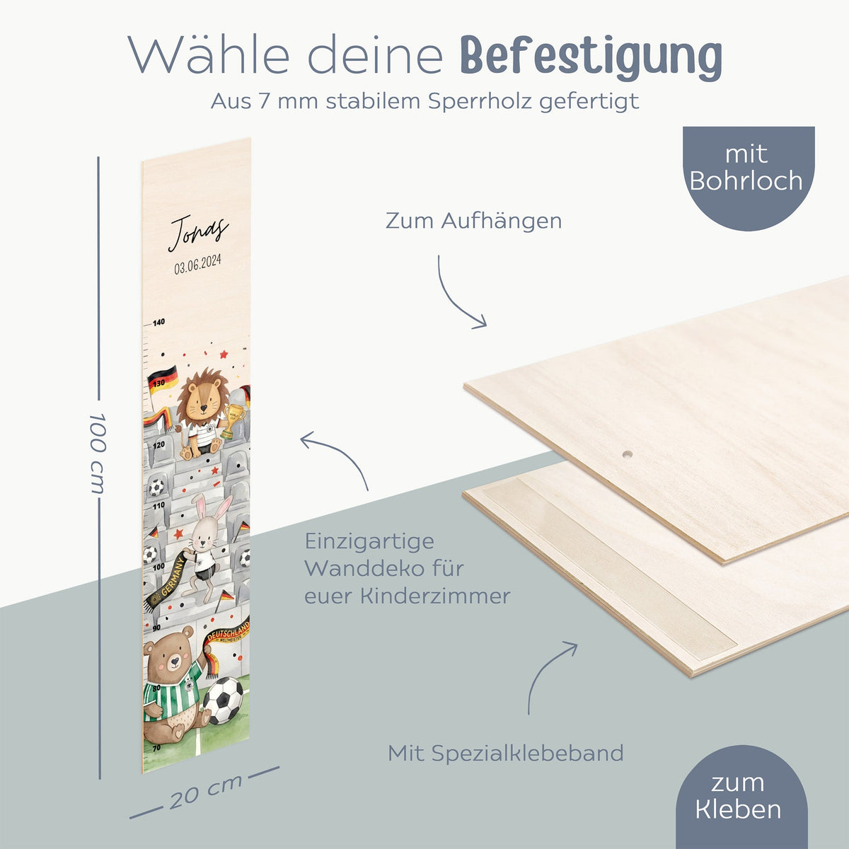 Kindermesslatte Holz personalisiert - WM-Kollektion - wunderwunsch