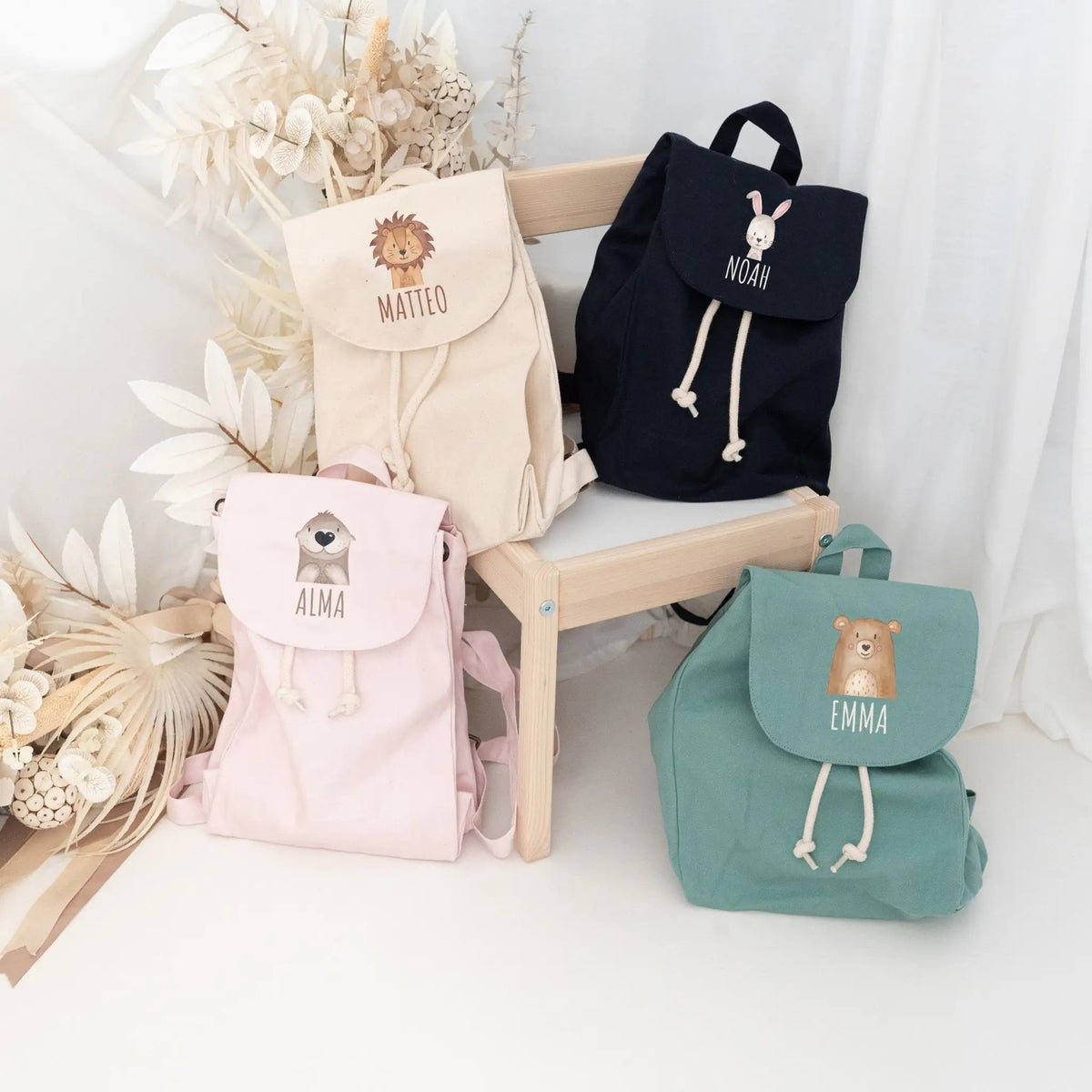 Kinderrucksack "Tier" (gerade Schrift) aus GOTS-zertifizierter Bio-Baumwolle personalisiert - wunderwunsch