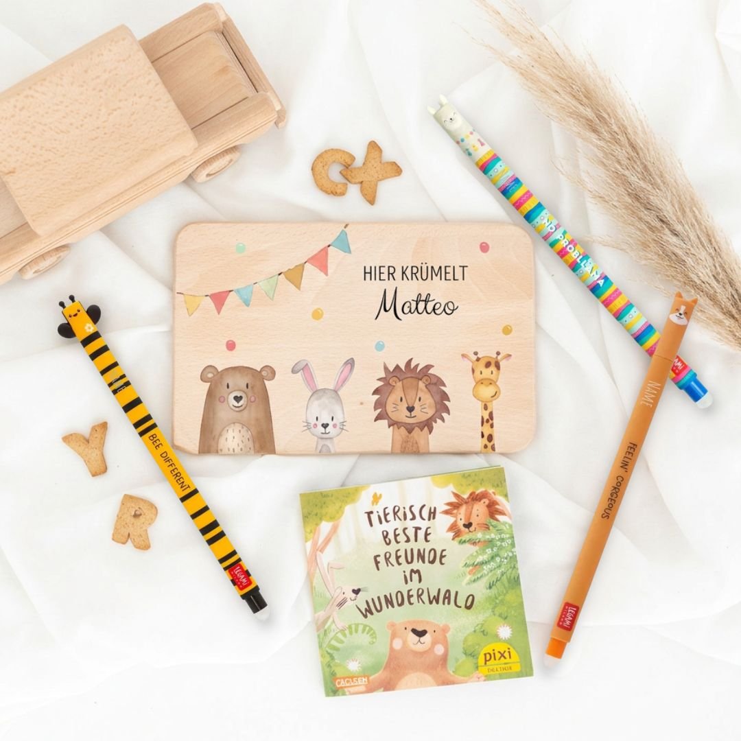 Kinder Bundle - Frühstücksbrettchen + 3x Legami Stifte personalisiert + Pixi-Buch - wunderwunsch