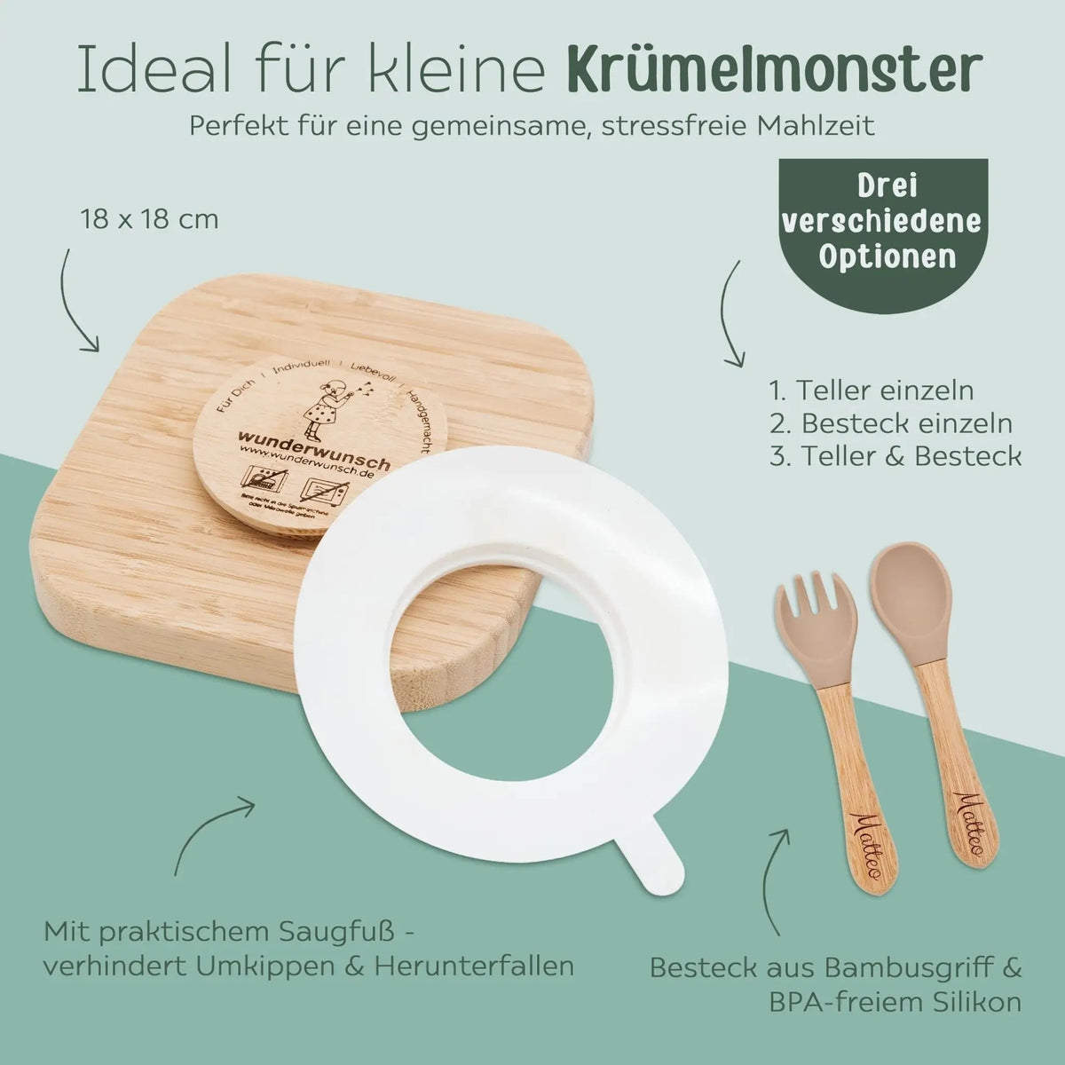 Kinderteller mit Saugnapf + Besteck - Tier unten Gravur - wunderwunsch