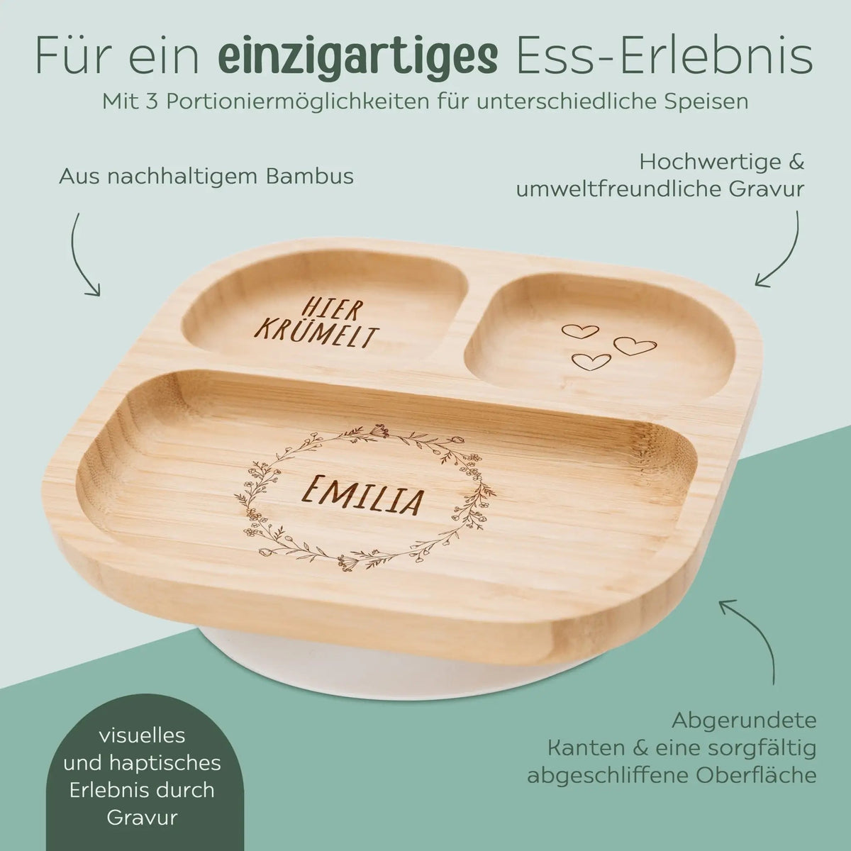 Kinderteller mit Saugnapf - Blumenkranz Gravur - wunderwunsch