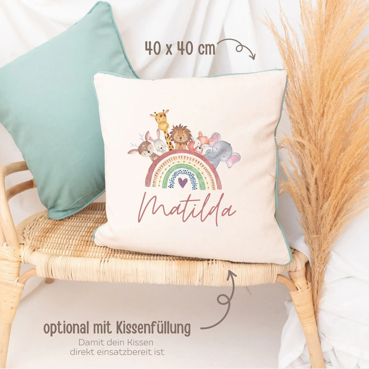 Kissen Baumwolle "Regenbogen Tiere" personalisiert - wunderwunsch