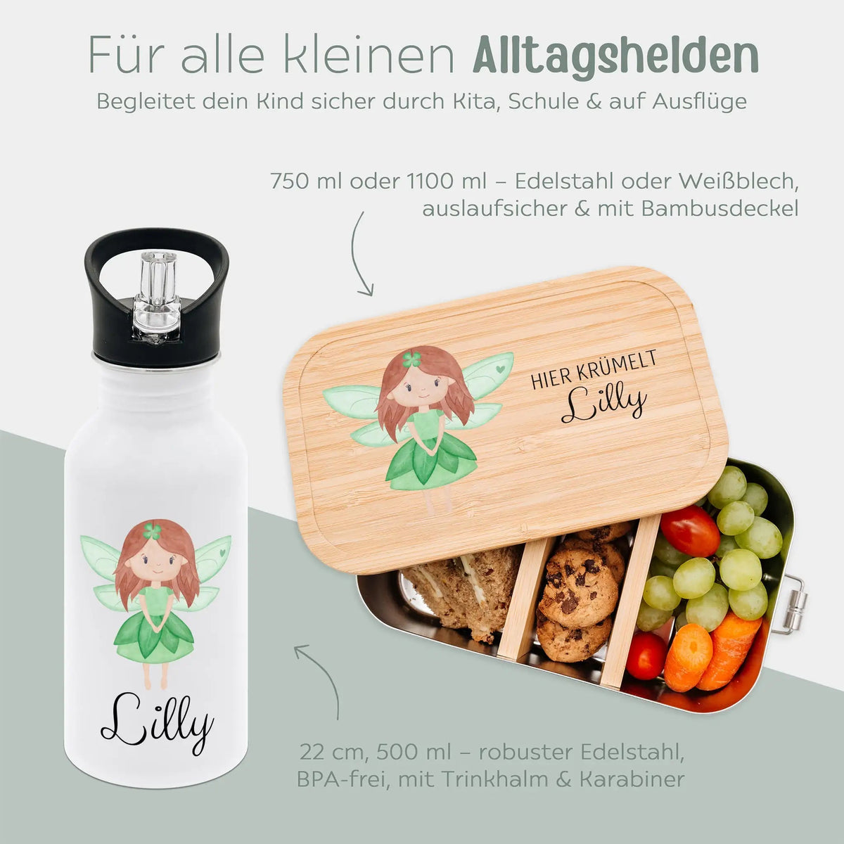 Kita-/ Schul-Start Bundle - Brotdose + Kinder Trinkflasche weiß personalisiert - Fee Aquarell - wunderwunsch