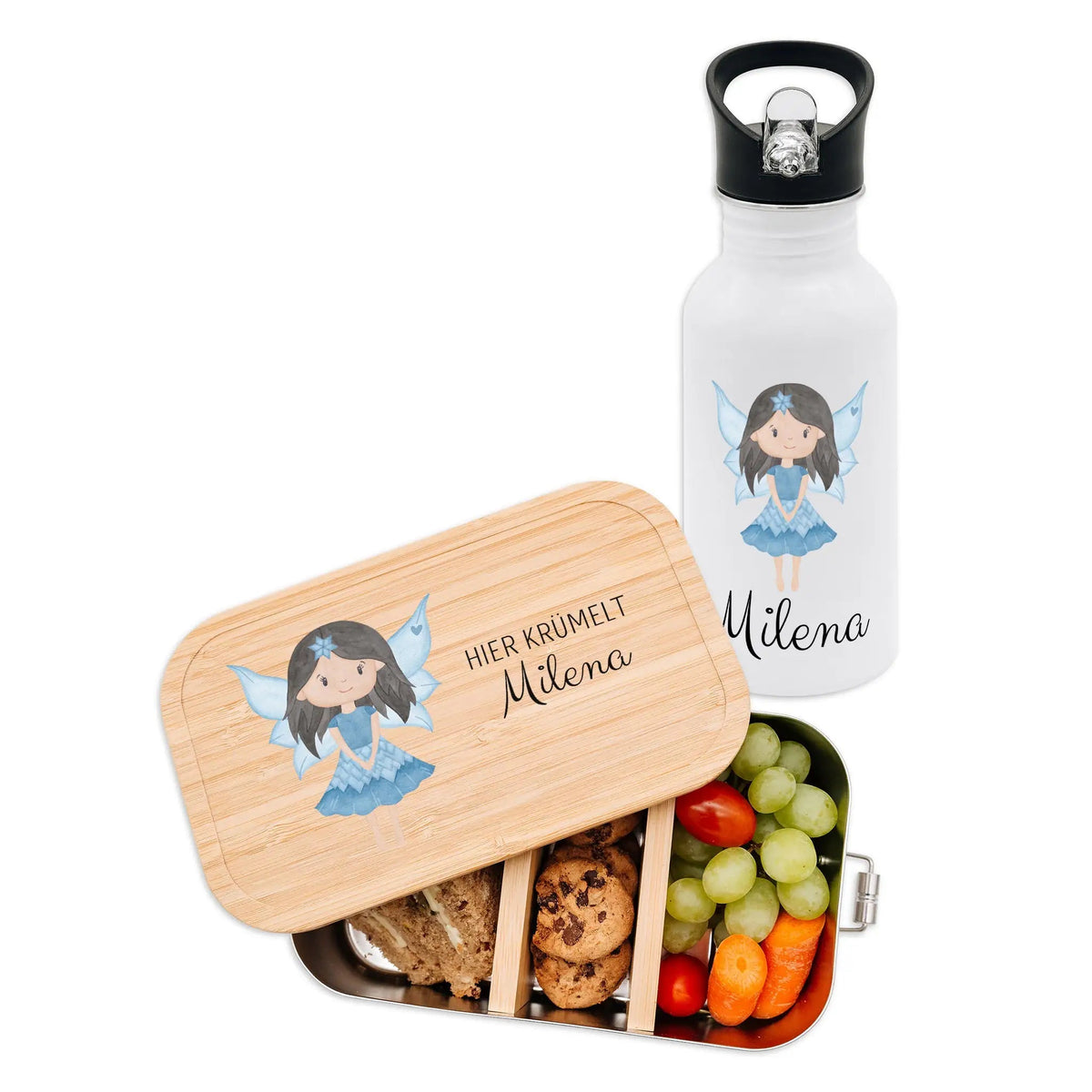 Kita-/ Schul-Start Bundle - Brotdose + Kinder Trinkflasche weiß personalisiert - Fee Aquarell - wunderwunsch