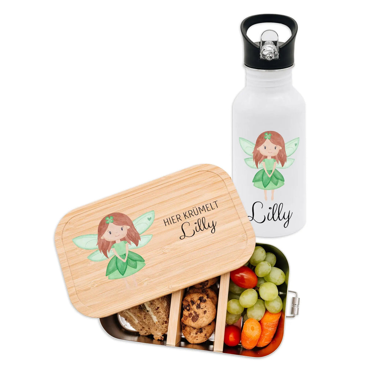Kita-/ Schul-Start Bundle - Brotdose + Kinder Trinkflasche weiß personalisiert - Fee Aquarell - wunderwunsch