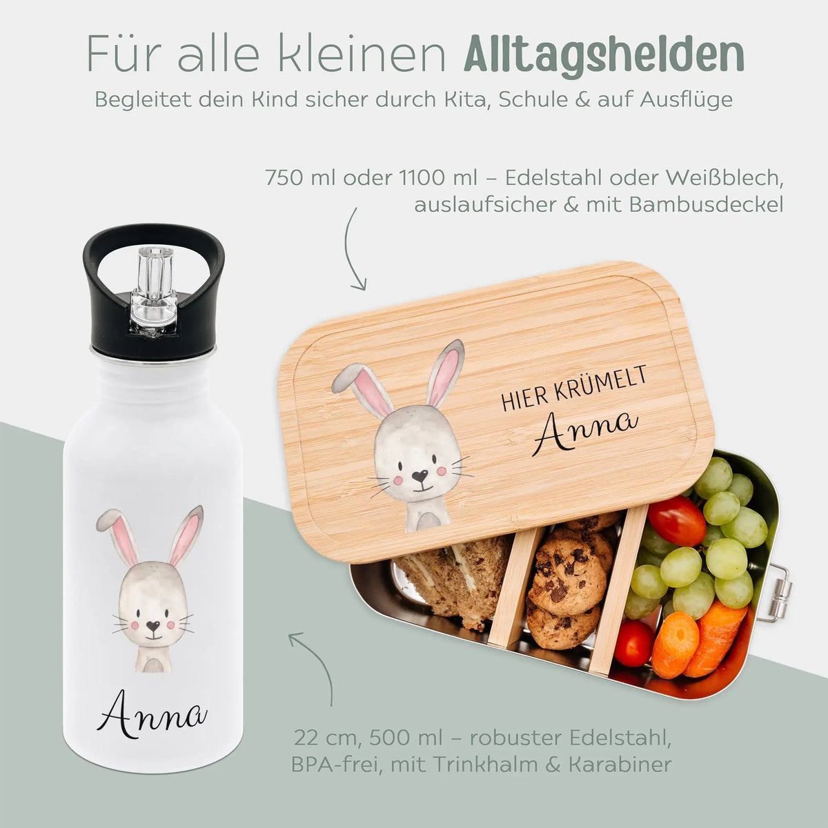 Kita-/ Schul-Start Bundle - Brotdose + Kinder Trinkflasche weiß personalisiert - Tier Aquarell - wunderwunsch
