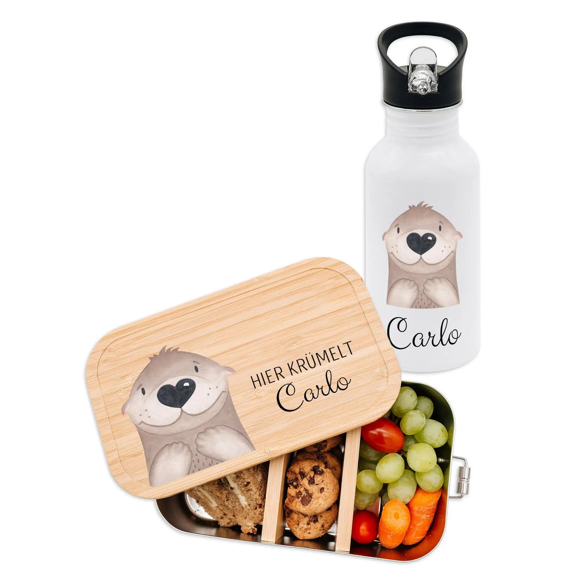 Kita-/ Schul-Start Bundle - Brotdose + Kinder Trinkflasche weiß personalisiert - Tier Aquarell - wunderwunsch