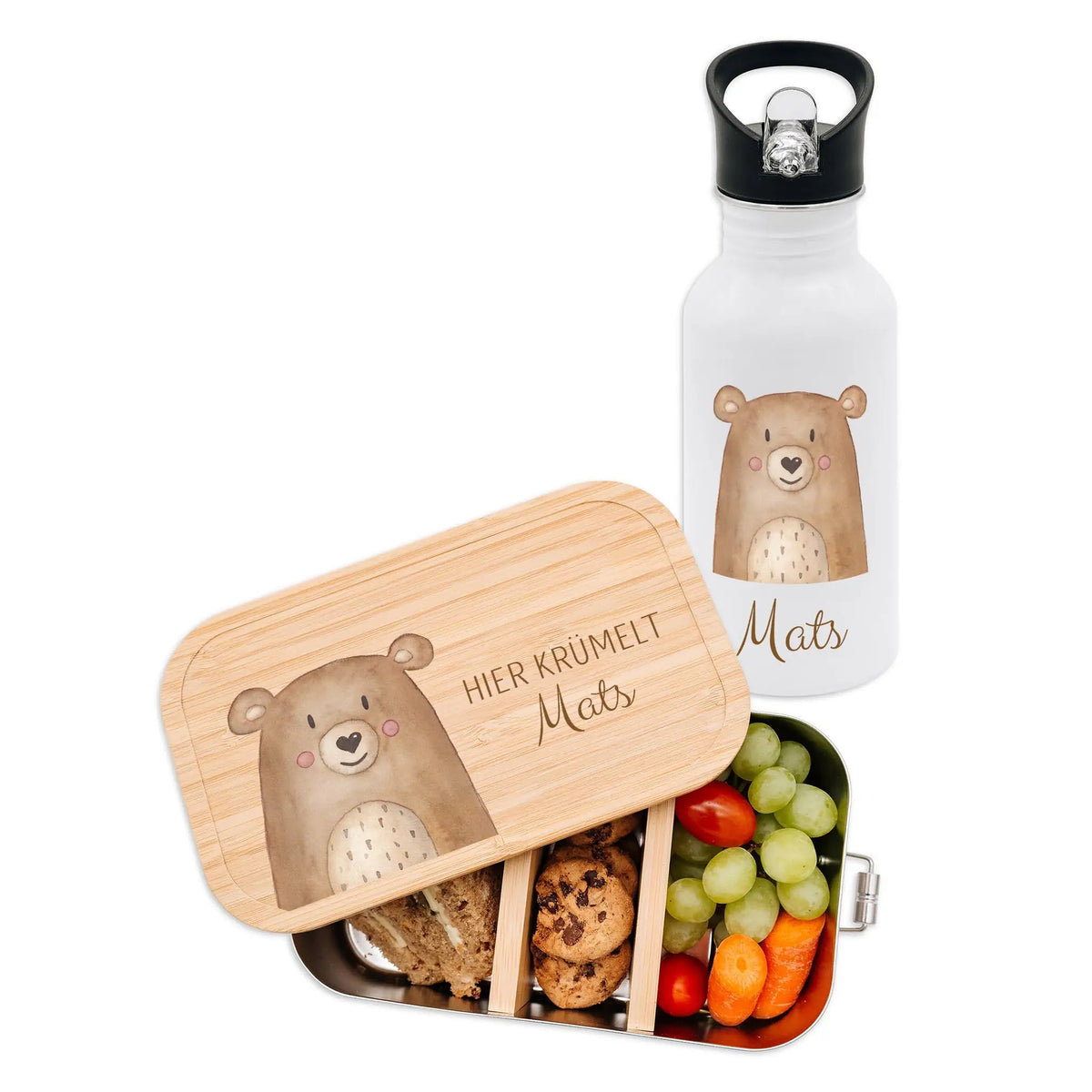 Kita-/ Schul-Start Bundle - Brotdose + Kinder Trinkflasche weiß personalisiert - Tier Aquarell - wunderwunsch