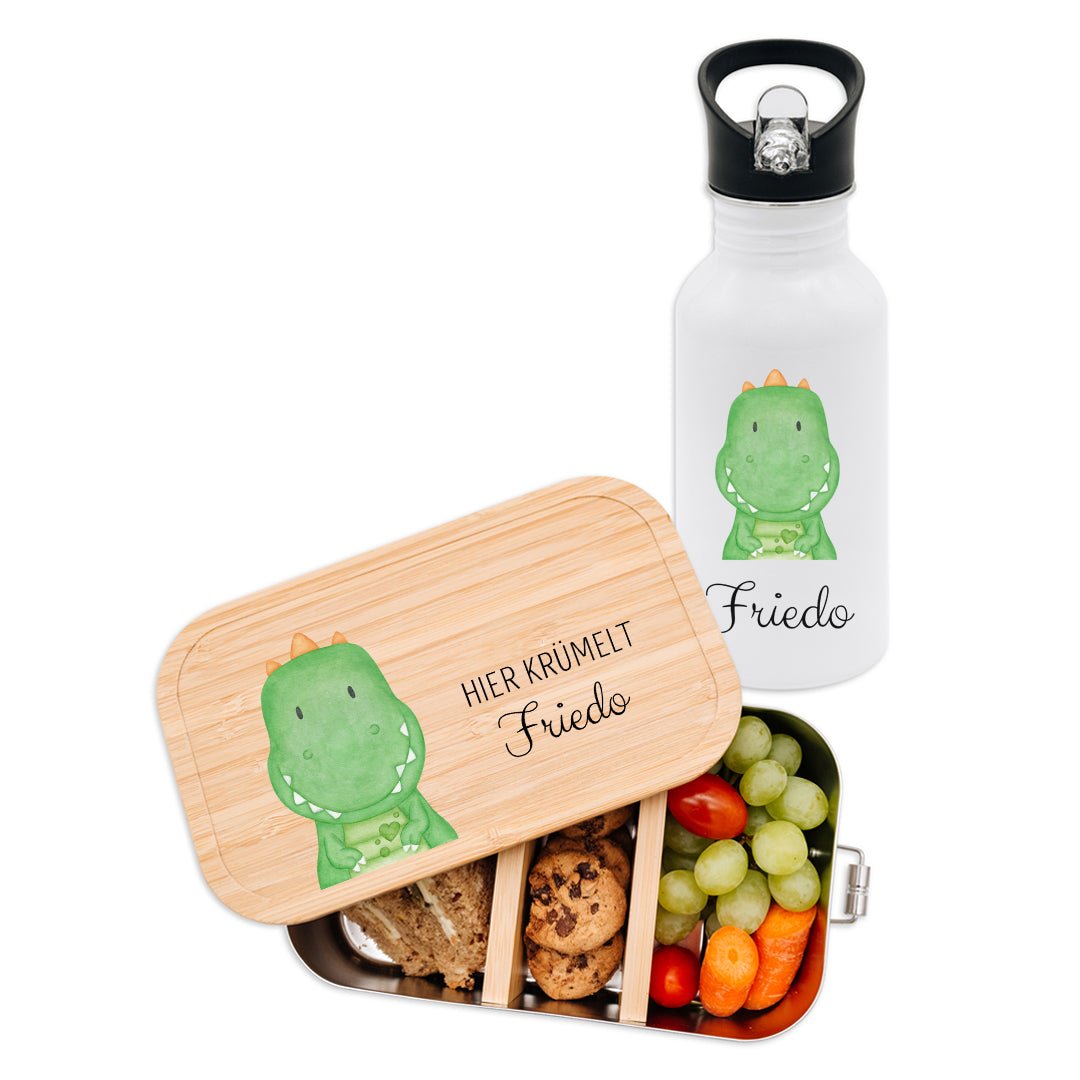 Kita-/ Schul-Start Bundle - Brotdose + Kinder Trinkflasche weiß personalisiert - Tier Aquarell - wunderwunsch