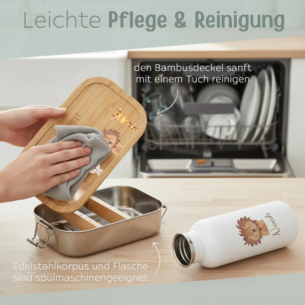 Kita-/ Schul-Start Bundle - Brotdose + Kinder Trinkflasche weiß personalisiert - Tiere unten Aquarell - wunderwunsch
