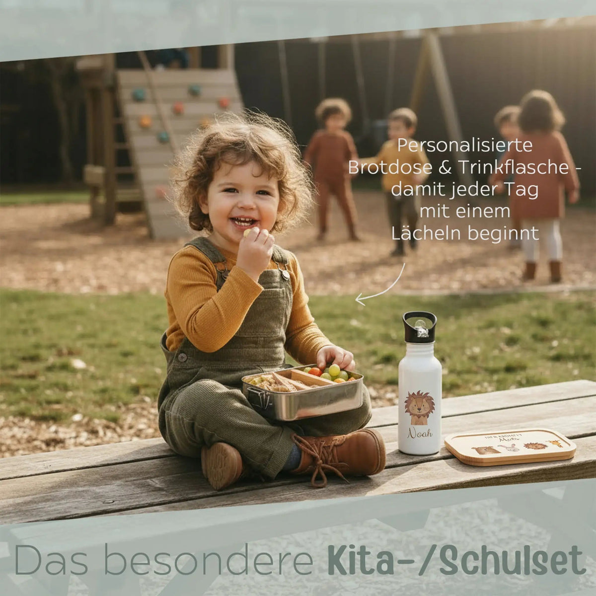 Kita-/ Schul-Start Bundle - Brotdose + Kinder Trinkflasche weiß personalisiert - Tiere unten Aquarell - wunderwunsch