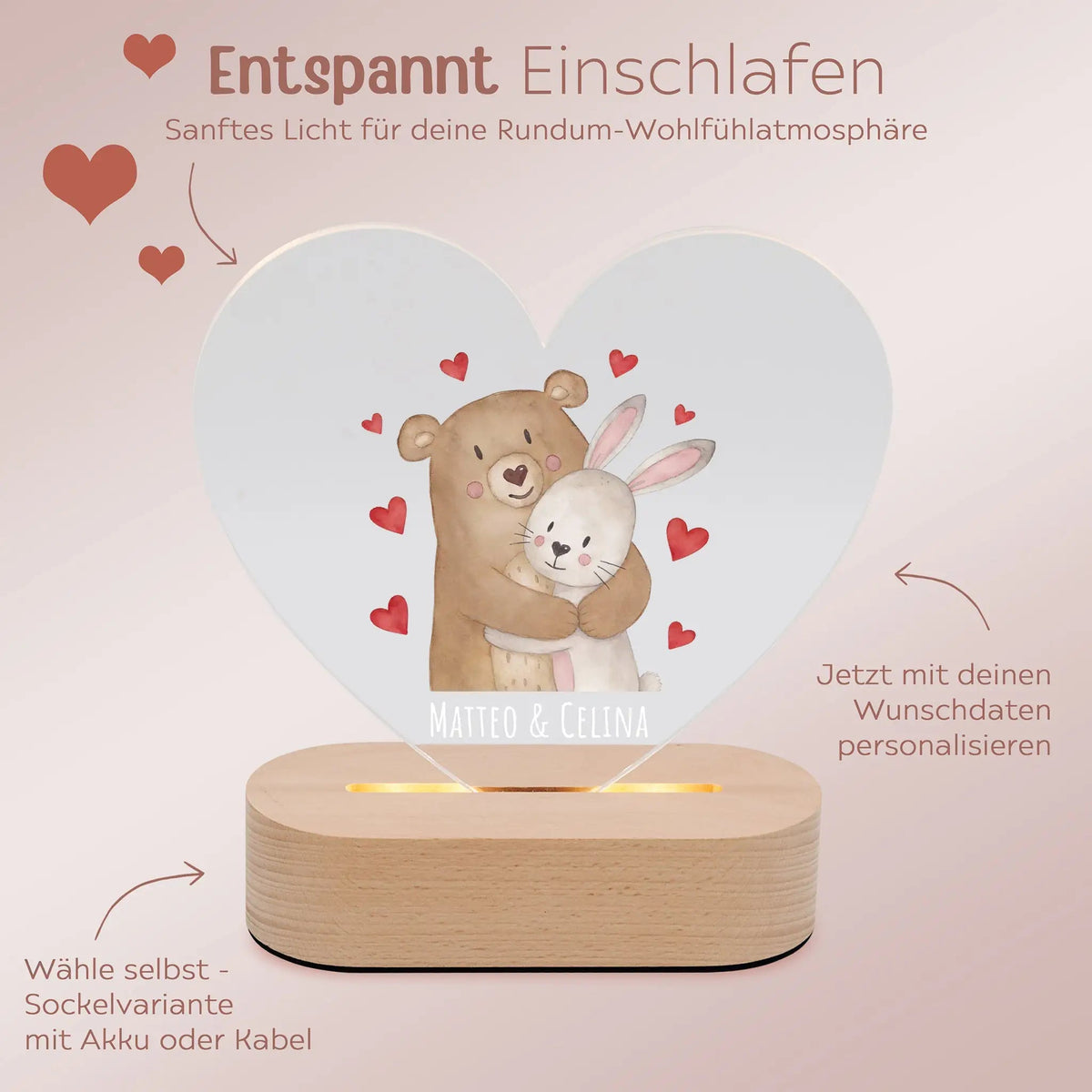 LED Nachtlicht Herz - Bär umarmt Hase - wunderwunsch