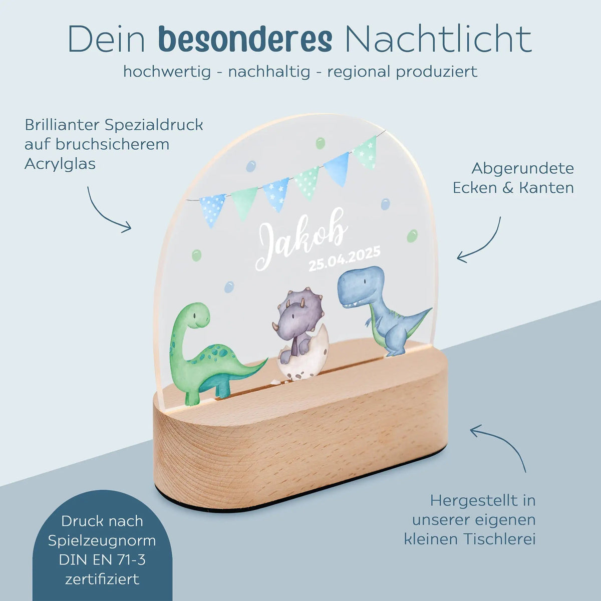 LED Nachtlicht Kinder personalisiert - Dinosaurier Girlande Aquarell - wunderwunsch