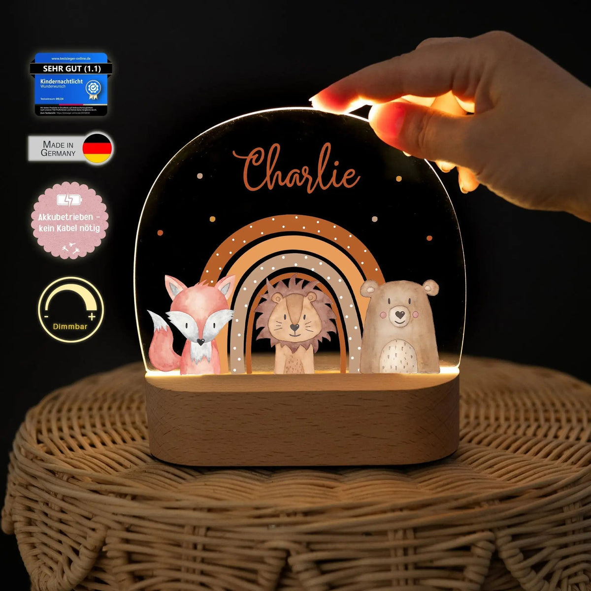 LED Nachtlicht Kinder personalisiert - Fuchs, Löwe, Bär Regenbogen Aquarell - wunderwunsch