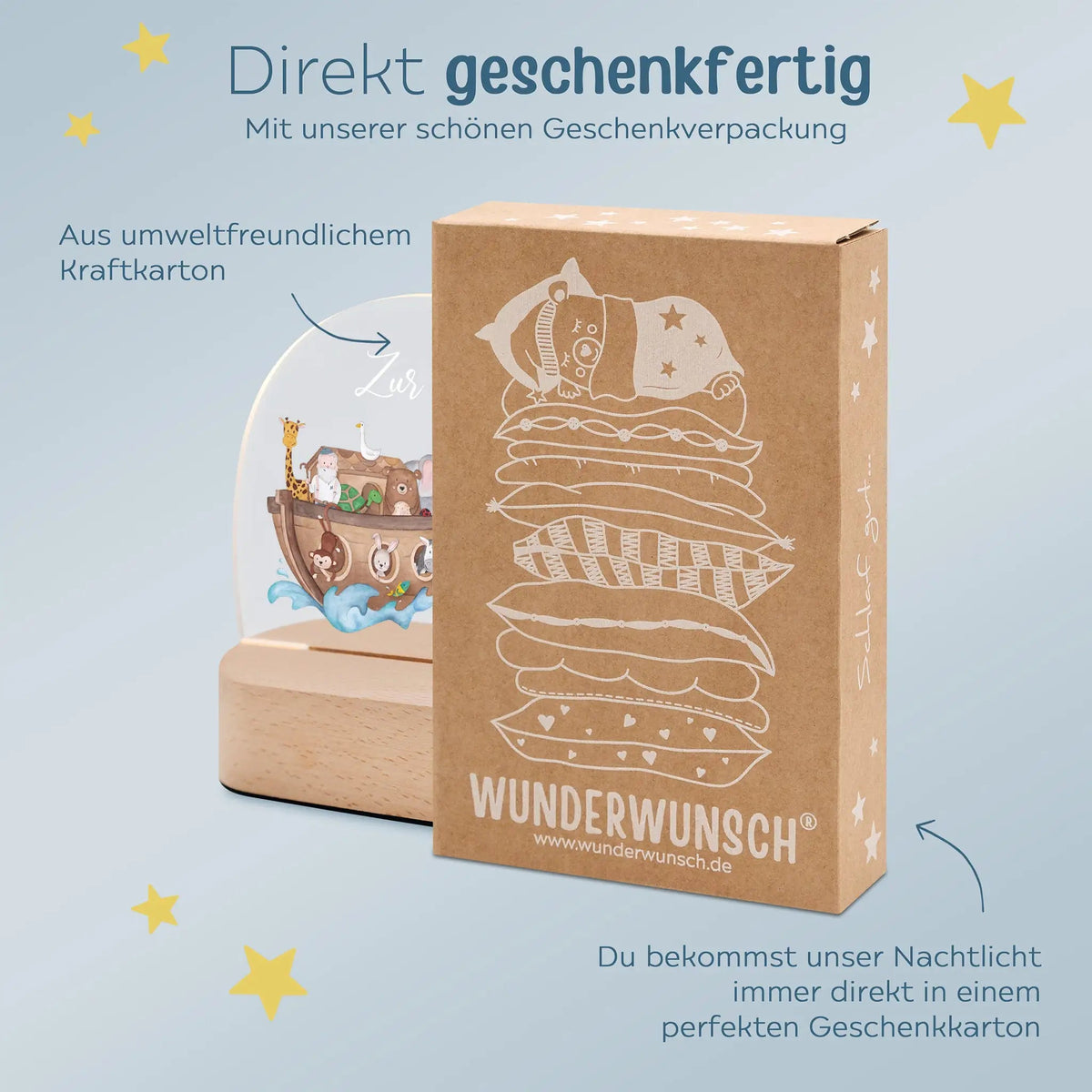 LED Nachtlicht Kinder personalisiert - Taufe Arche Noah Aquarell - wunderwunsch
