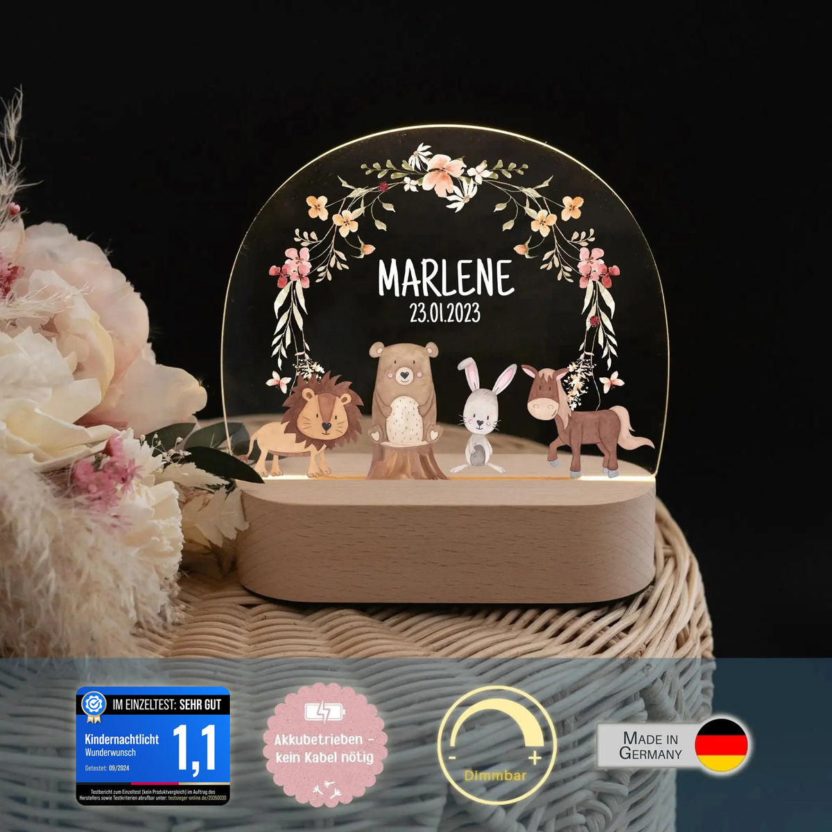 LED Nachtlicht Kinder personalisiert - Tiere Blumenkreis rosa Aquarell - wunderwunsch