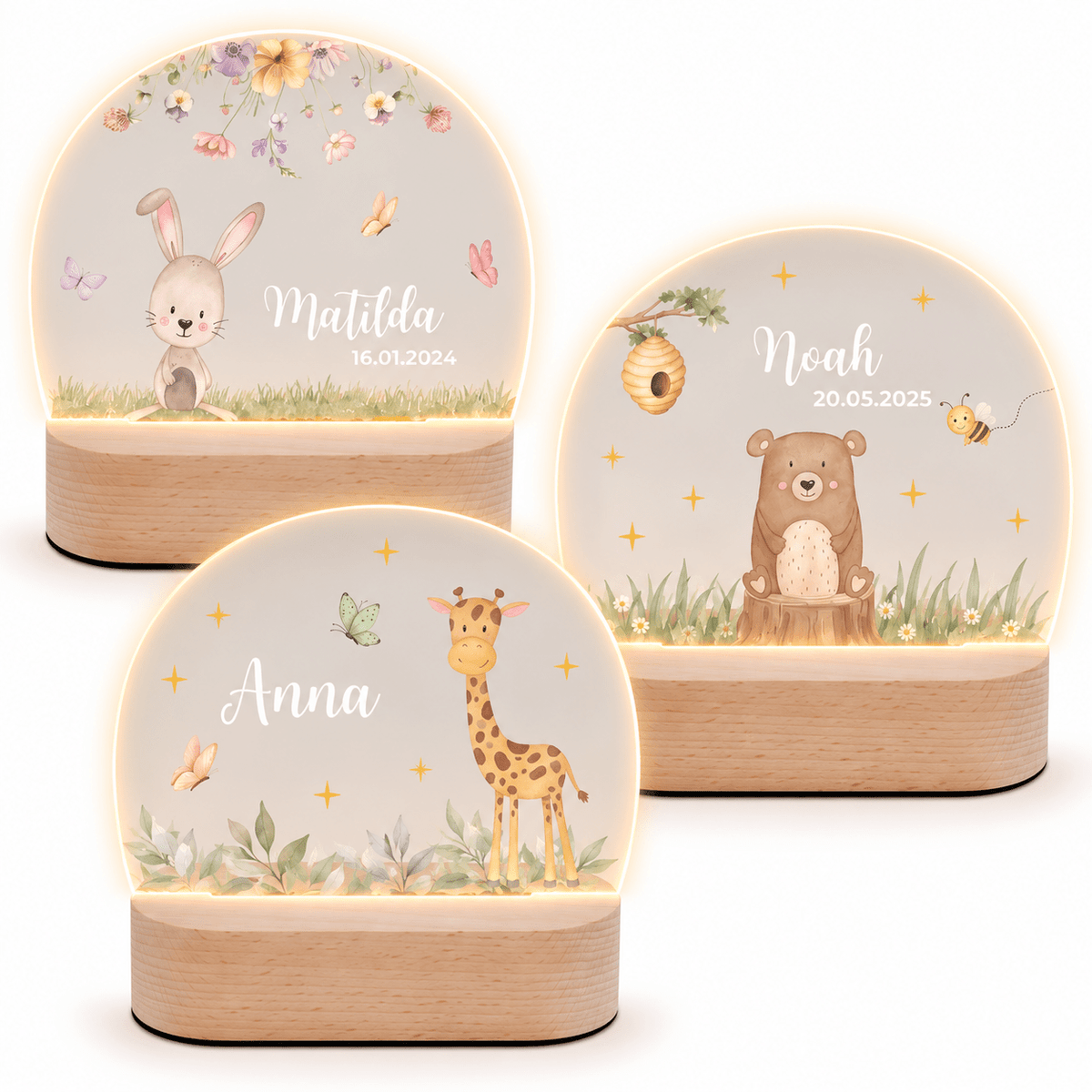 LED Nachtlicht Kinder personalisiert - Tierischer Gartenzauber Aquarell - wunderwunsch