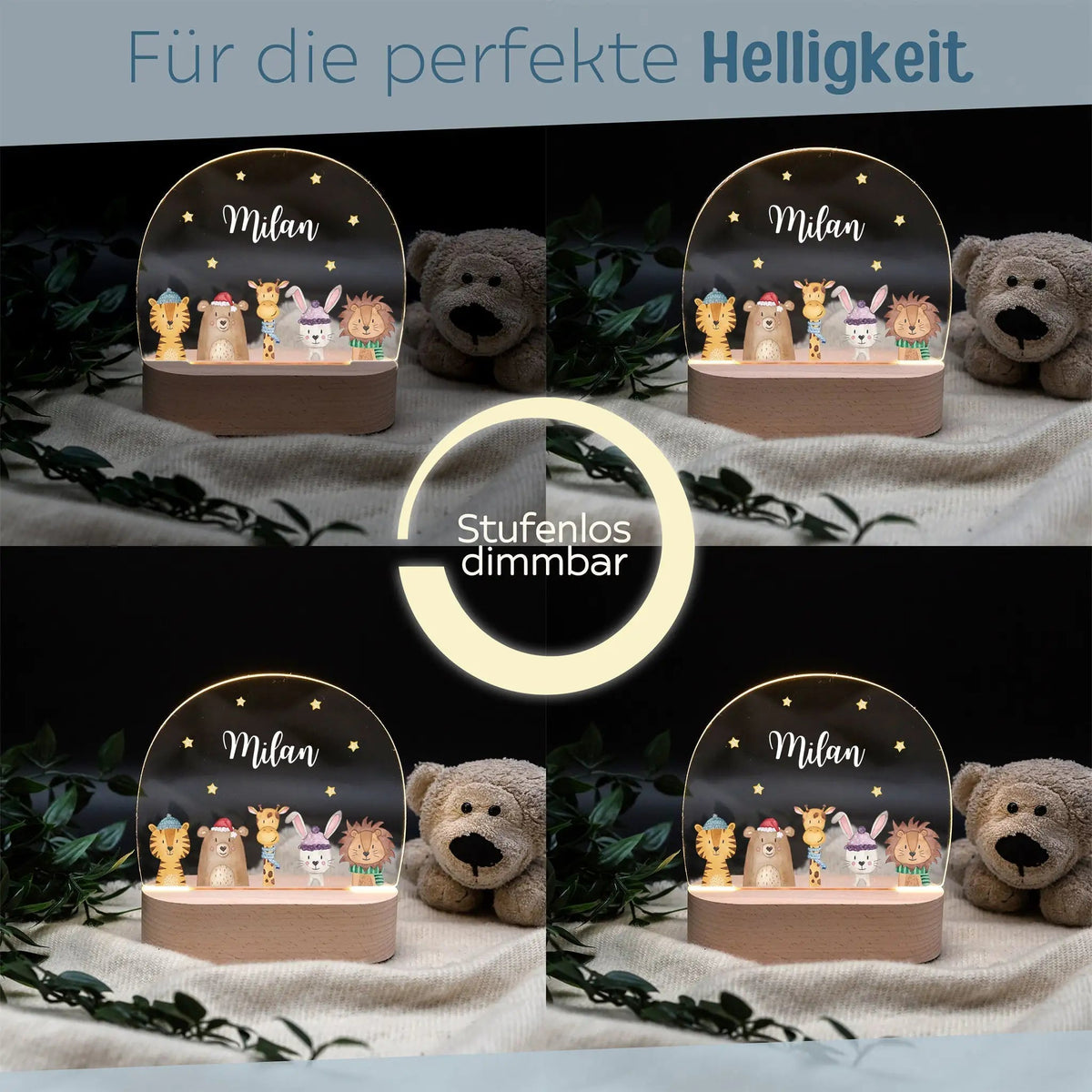 LED Nachtlicht Kinder personalisiert - Weihnachts-Tiere unten Sterne - wunderwunsch