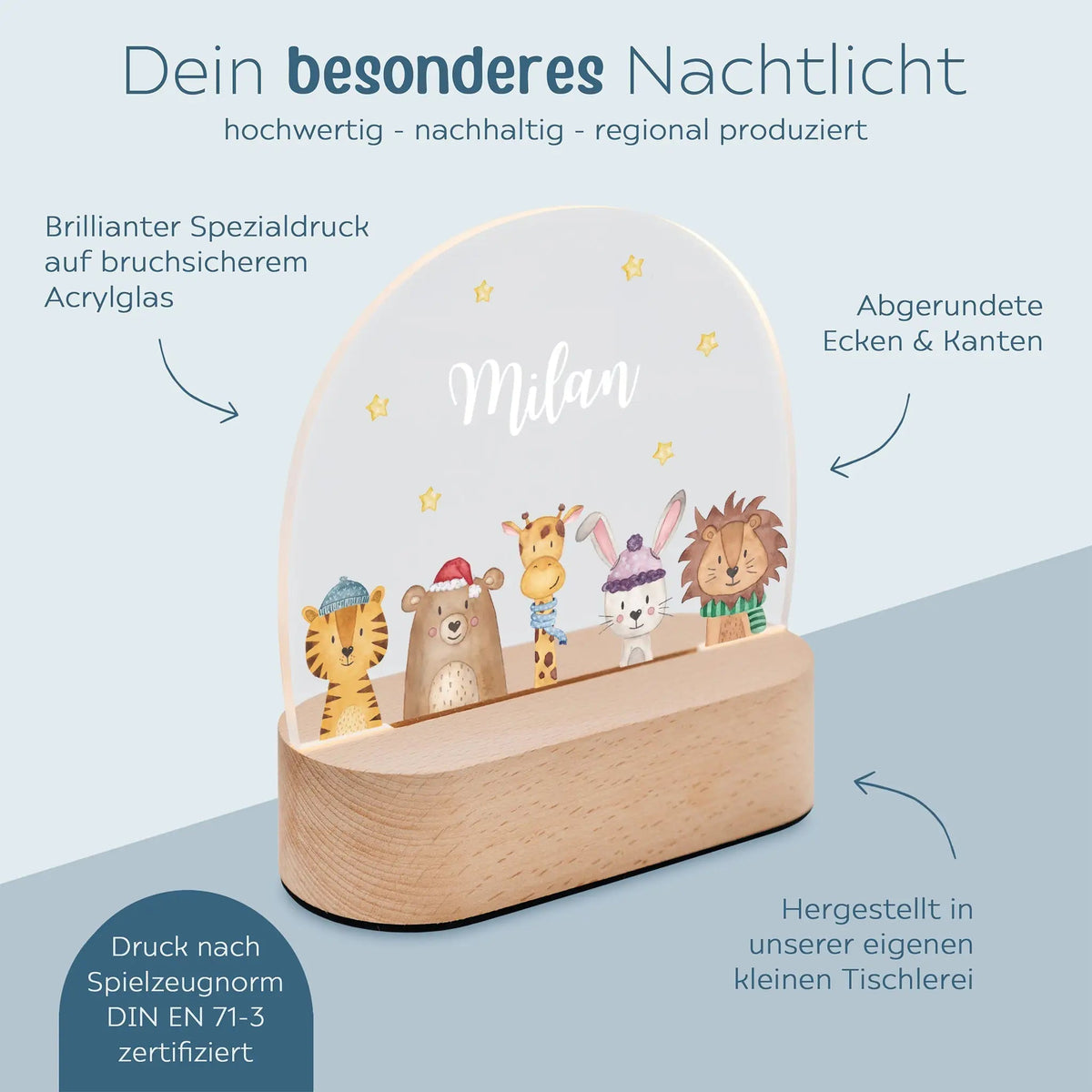 LED Nachtlicht Kinder personalisiert - Weihnachts-Tiere unten Sterne - wunderwunsch