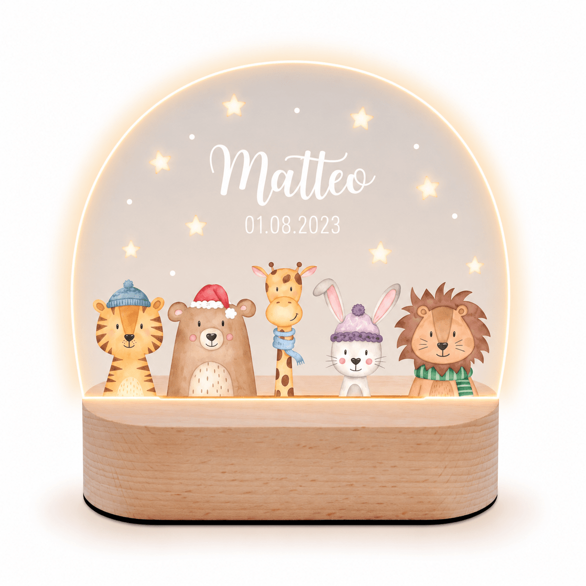 LED Nachtlicht Kinder personalisiert - Weihnachts-Tiere unten Sterne - wunderwunsch