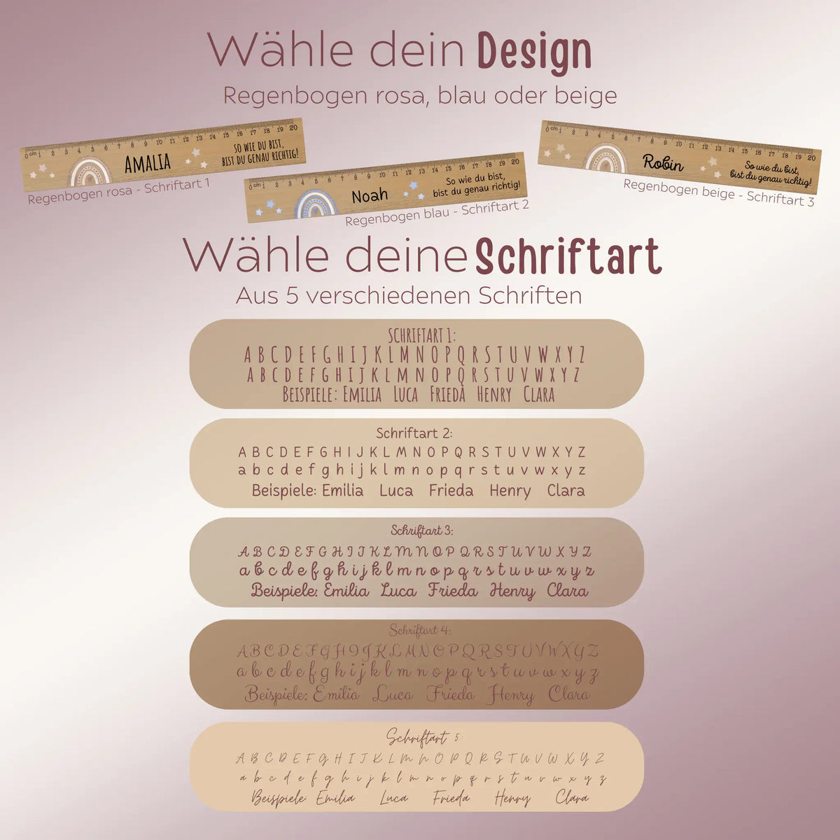 Lineal Holz 20 oder 30 cm personalisiert - Regenbogen Punkte Aquarell - wunderwunsch