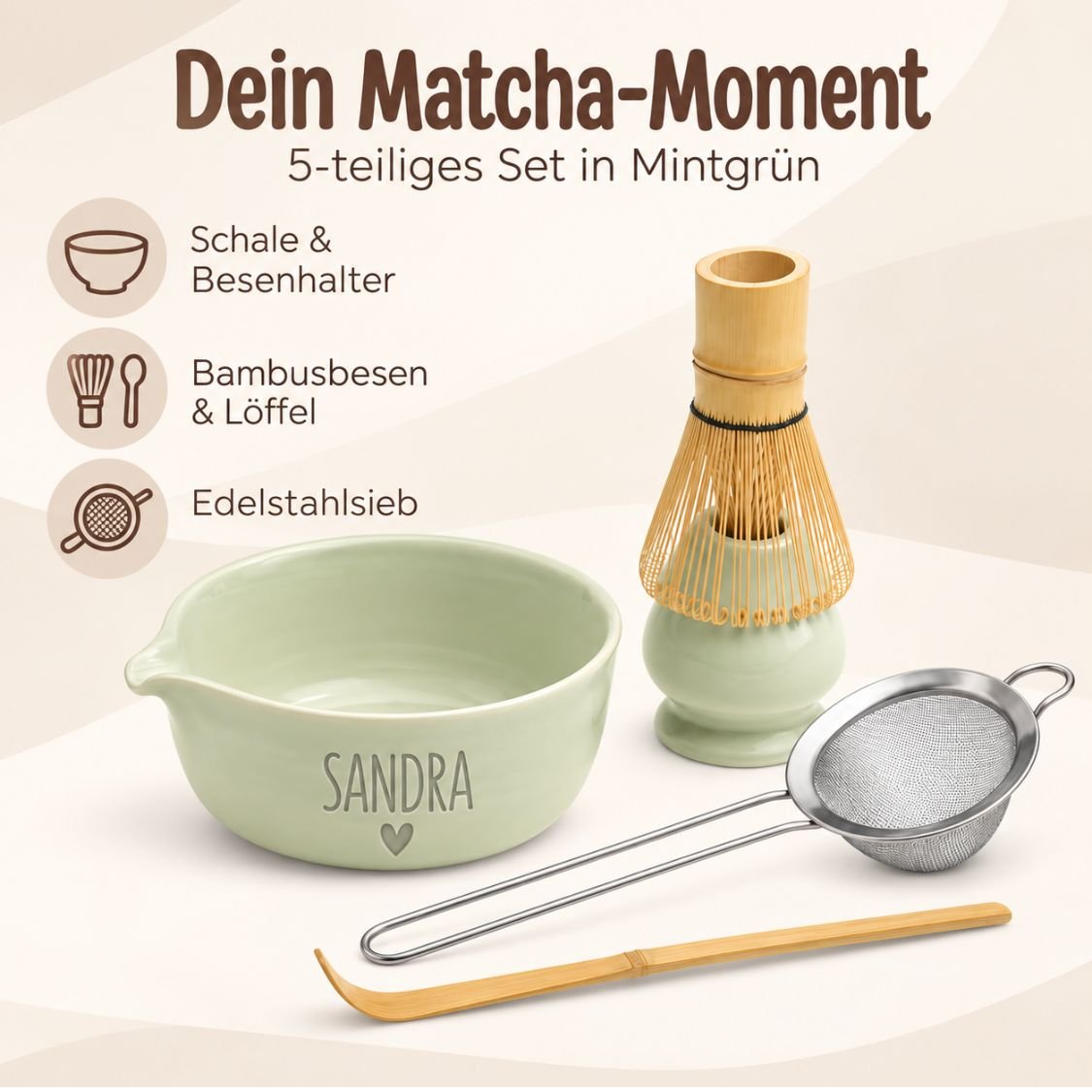 Matcha-Set 5-teilig mintgrün personalisiert - wunderwunsch