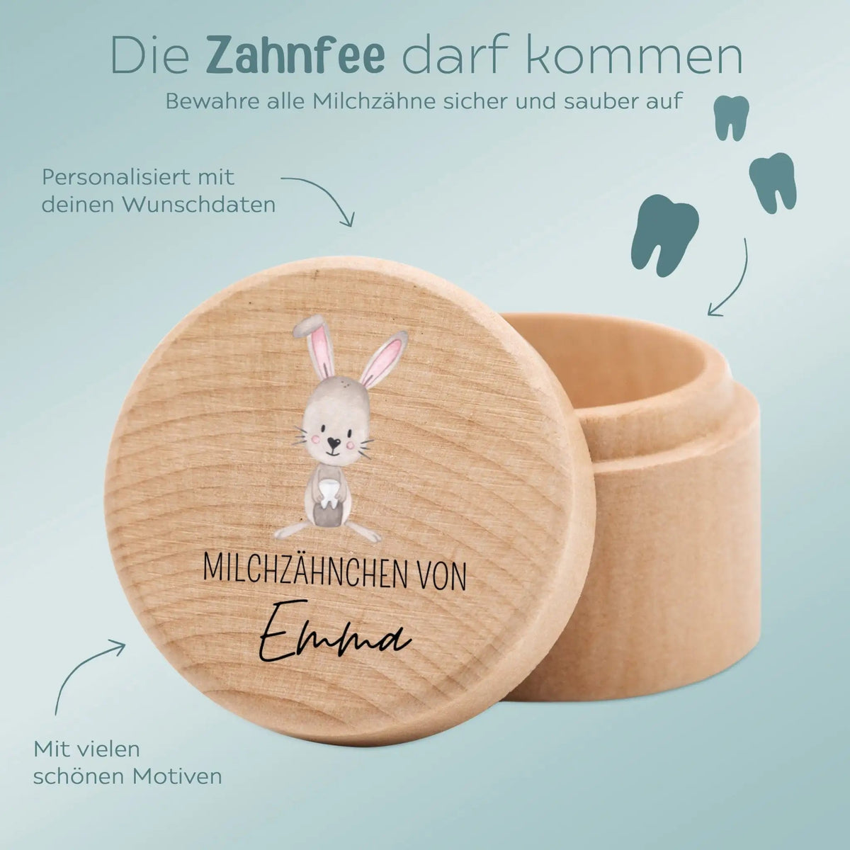 Milchzahndose Holz personalisiert - Hase mit Zahn Aquarell - wunderwunsch