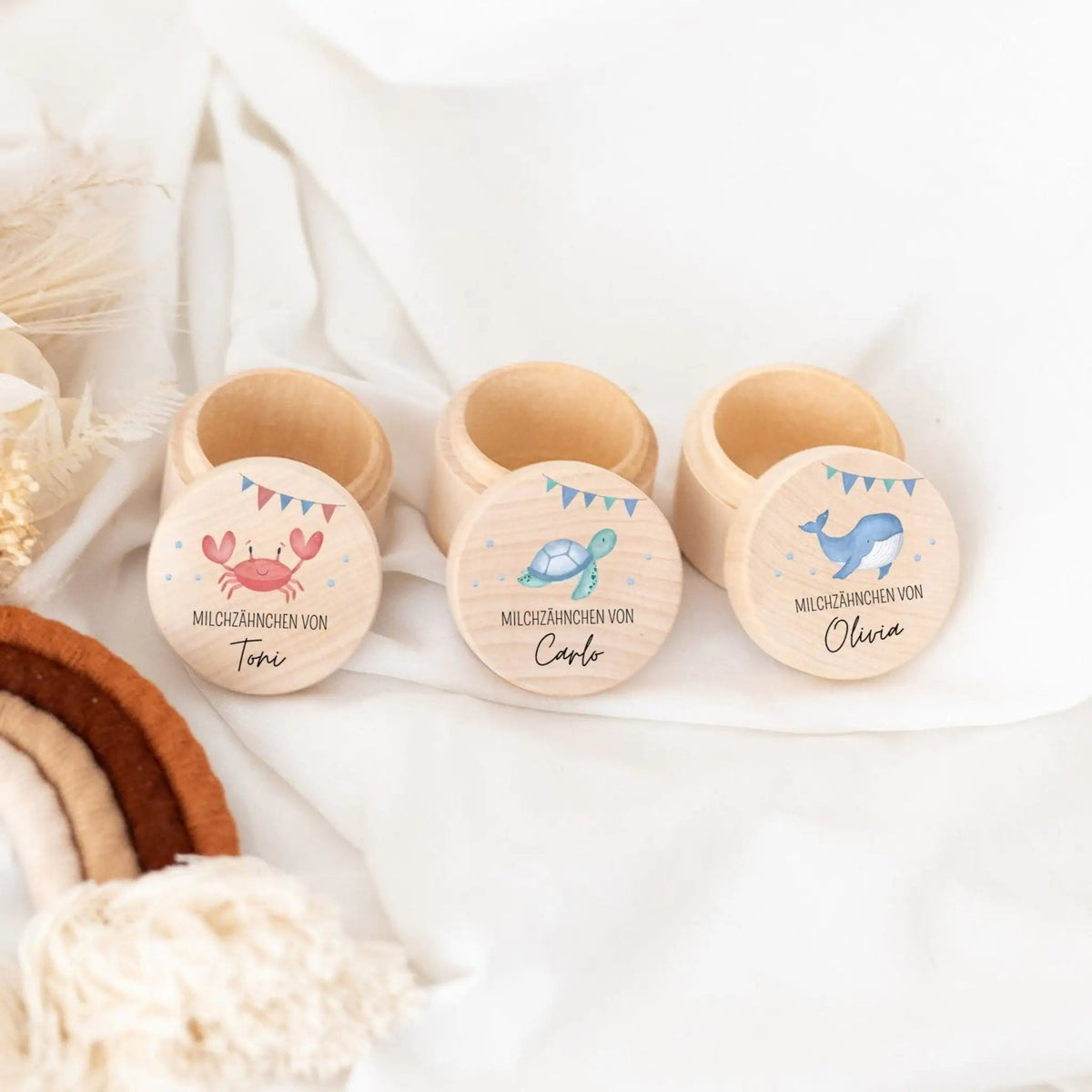Milchzahndose Holz personalisiert - Meerestiere Aquarell - wunderwunsch