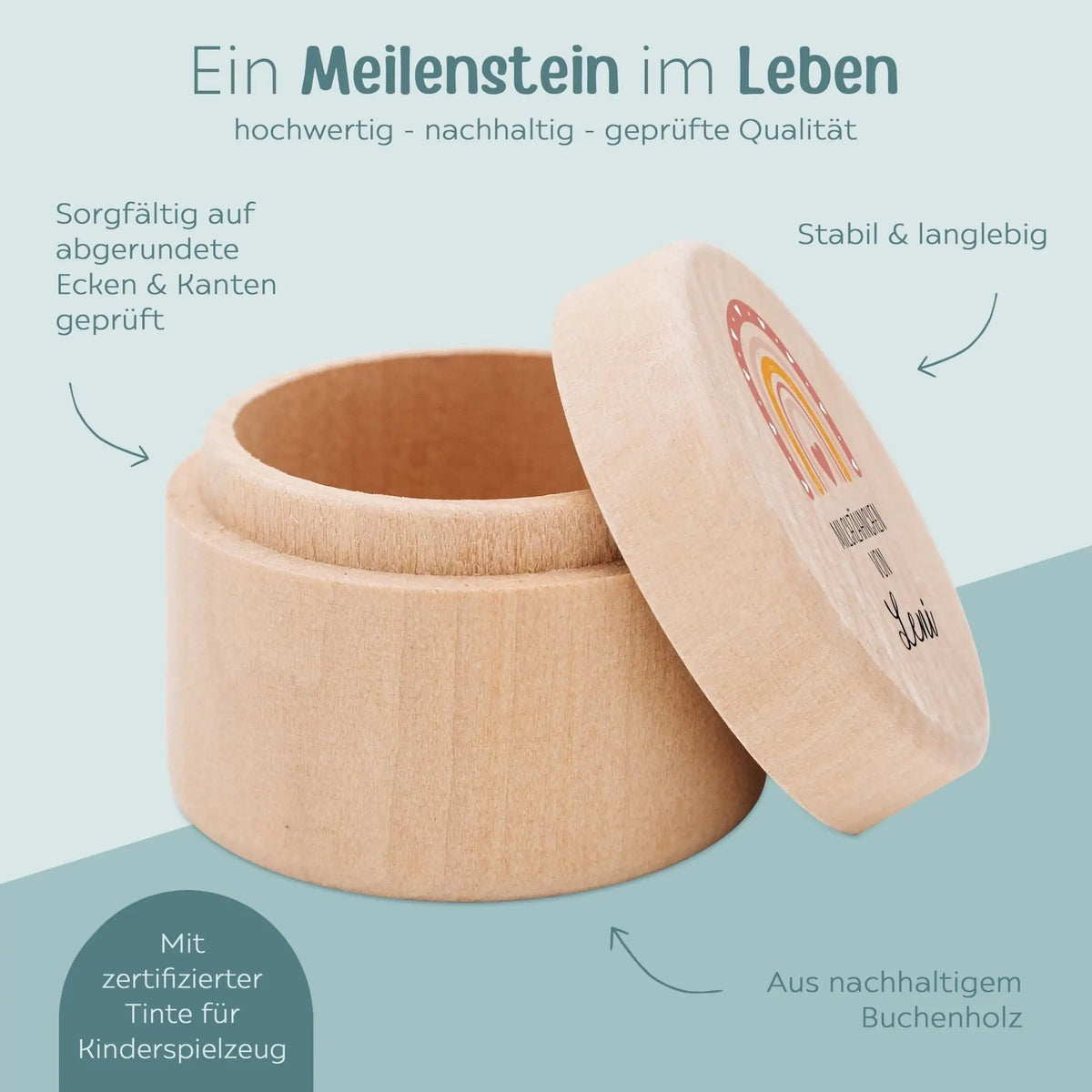 Milchzahndose Holz personalisiert - Regenbogen Boho Aquarell - wunderwunsch