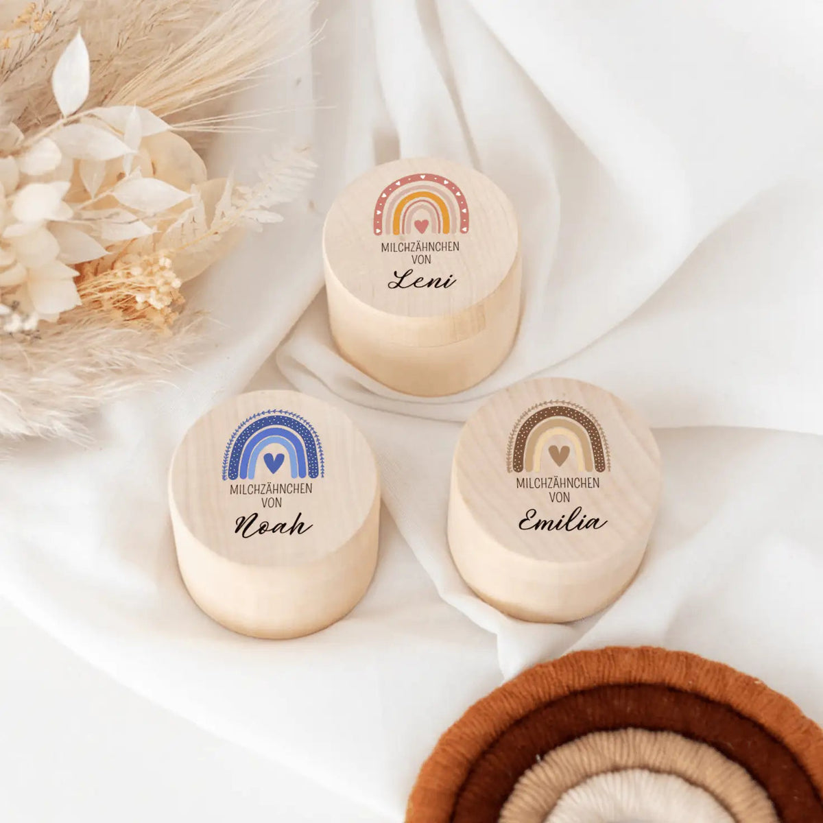 Milchzahndose Holz personalisiert - Regenbogen Boho Aquarell - wunderwunsch
