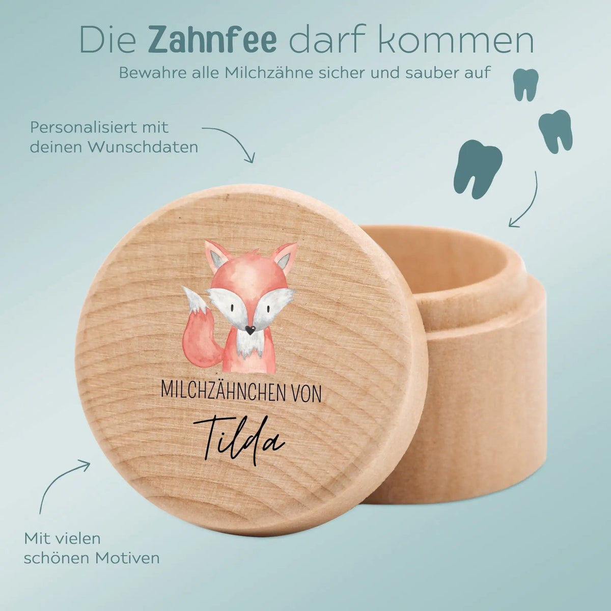 Milchzahndose Holz personalisiert - Tier Aquarell - wunderwunsch