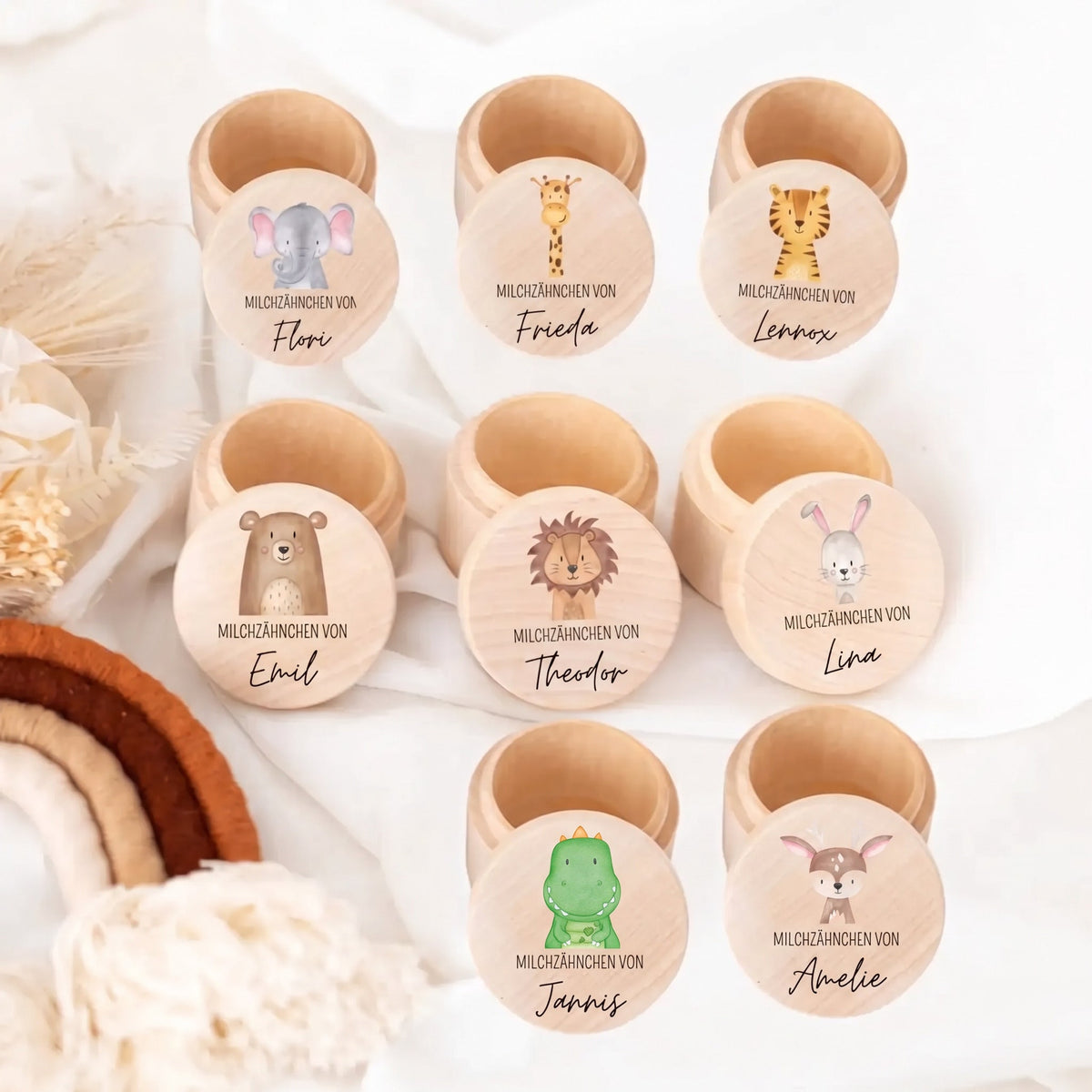 Milchzahndose Holz personalisiert - Tier Aquarell - wunderwunsch