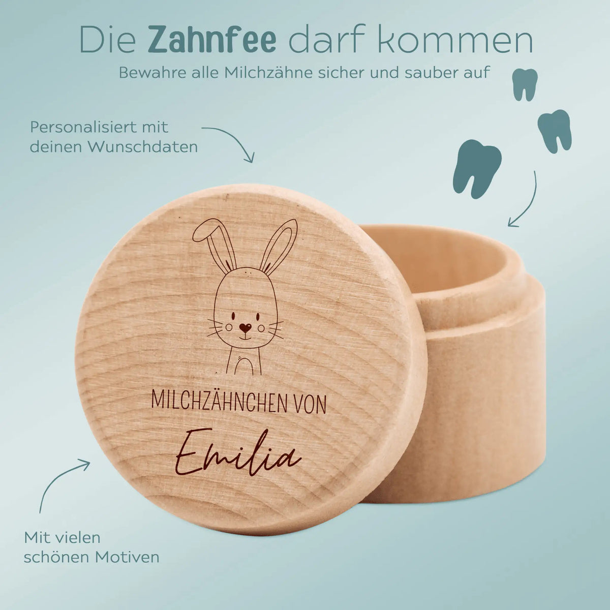 Milchzahndose Holz personalisiert - Tier Gravur - wunderwunsch