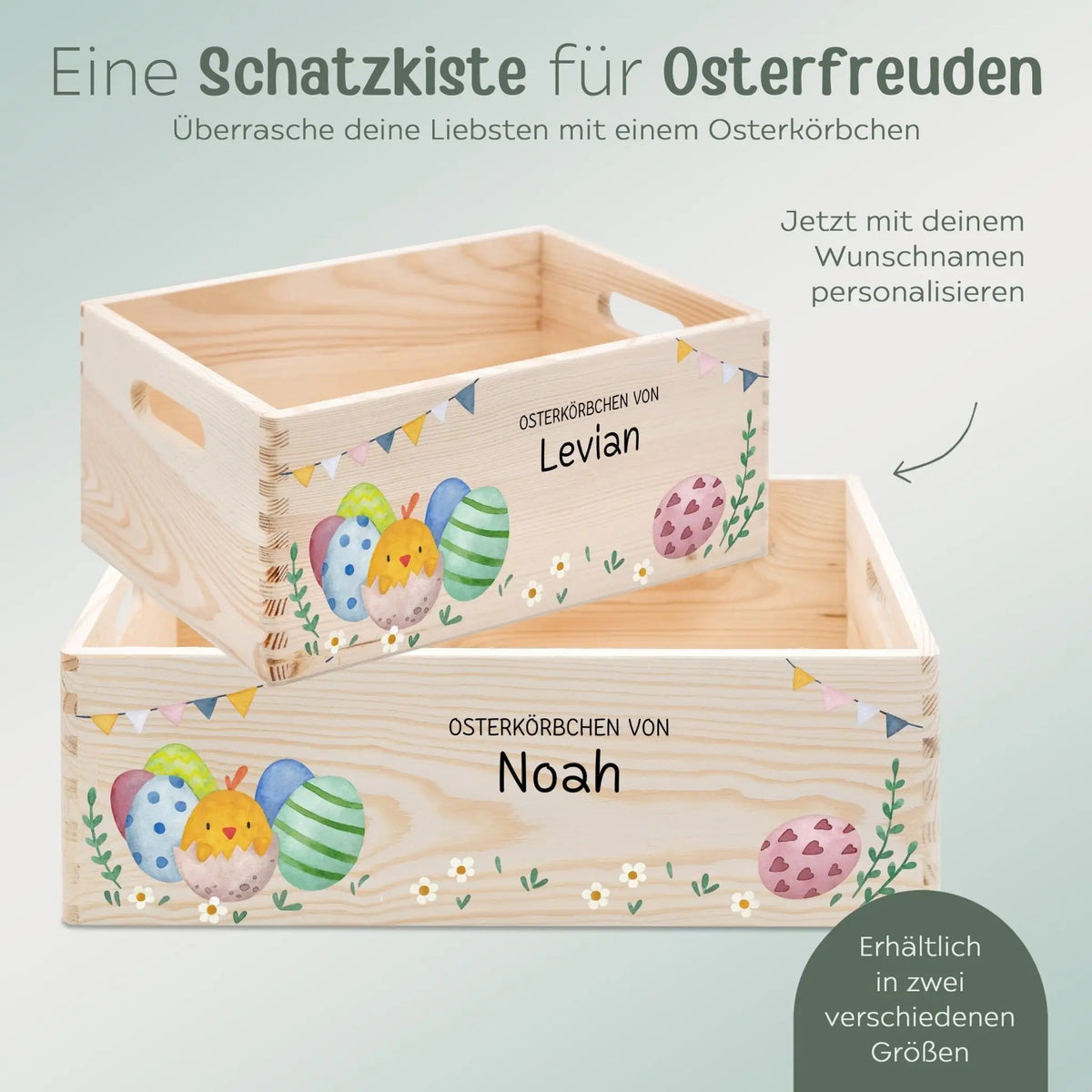 Osterkiste Holz personalisiert Osterhase und Eiersuche Aquarell - wunderwunsch