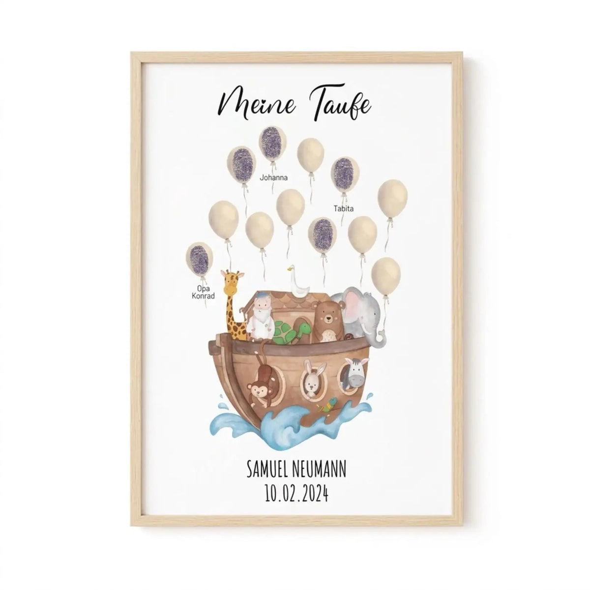 Poster Taufe Fingerabdrücke - Arche Noah Tiere Aquarell - wunderwunsch