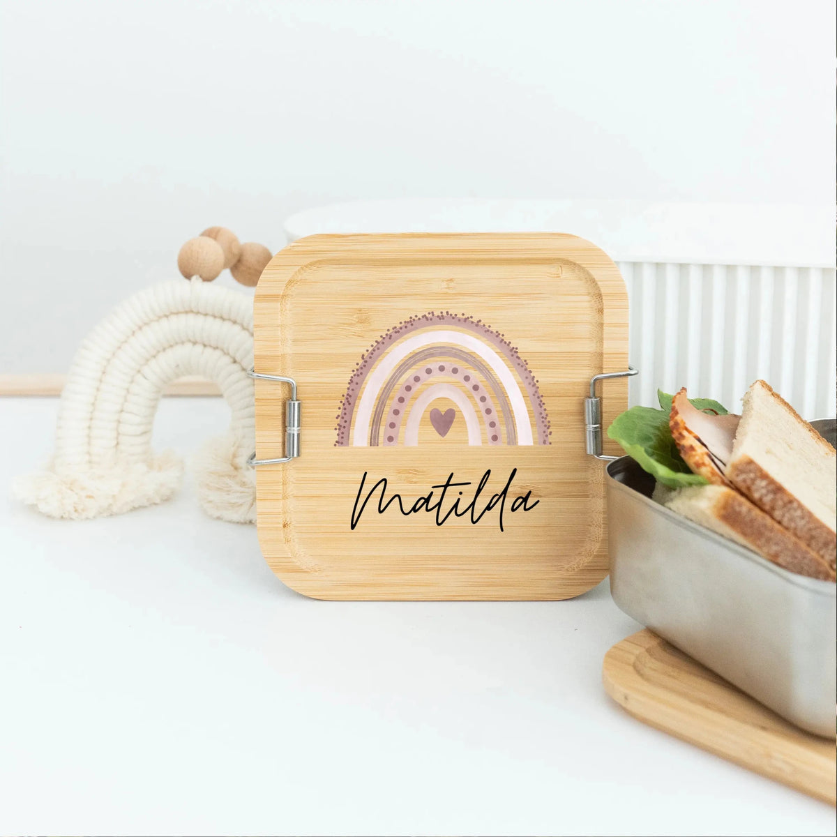 Sandwichbox Quadratische Brotdose Edelstahl personalisiert - Regenbogen Aquarell - wunderwunsch
