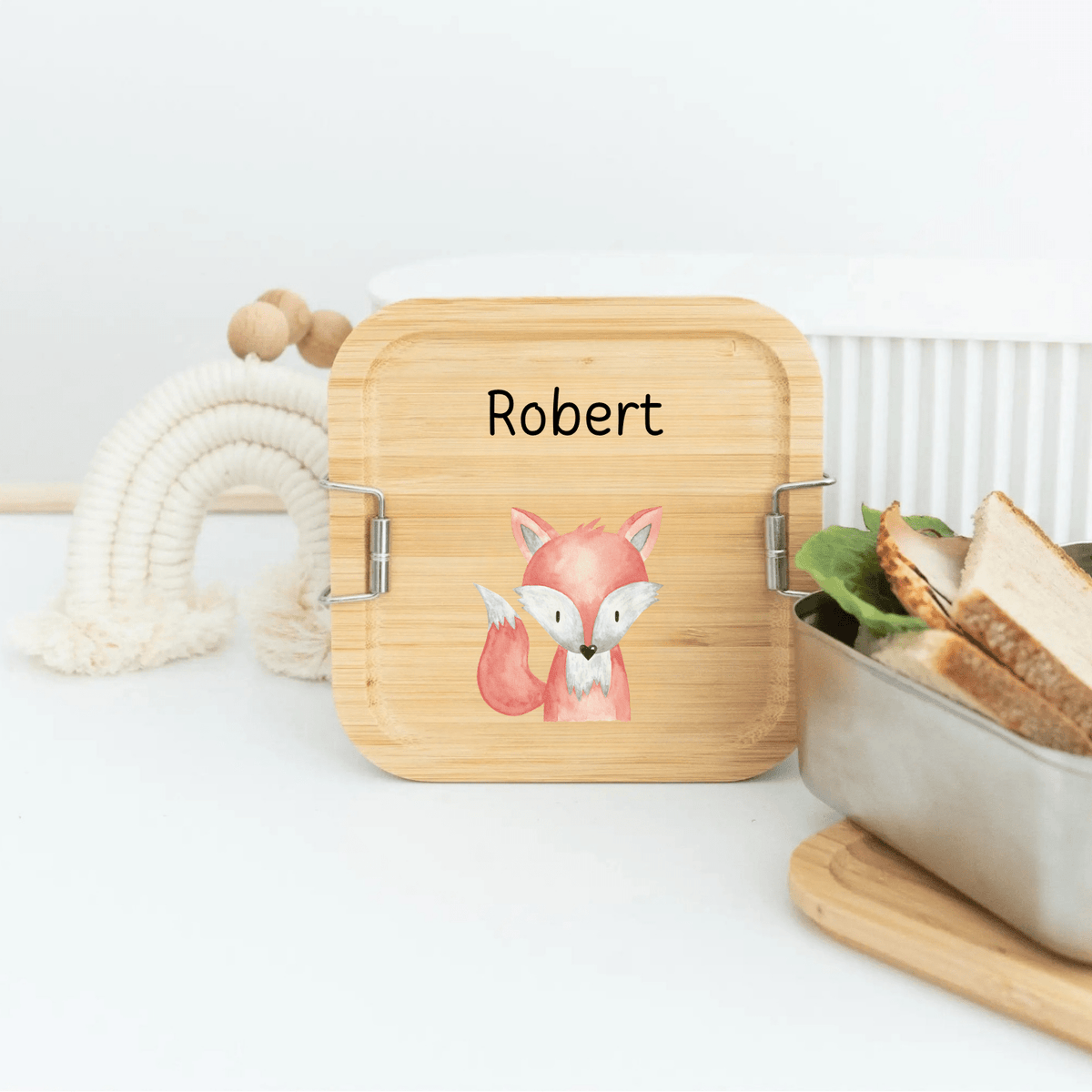 Sandwichbox Quadratische Brotdose Edelstahl personalisiert - Tier Aquarell - wunderwunsch