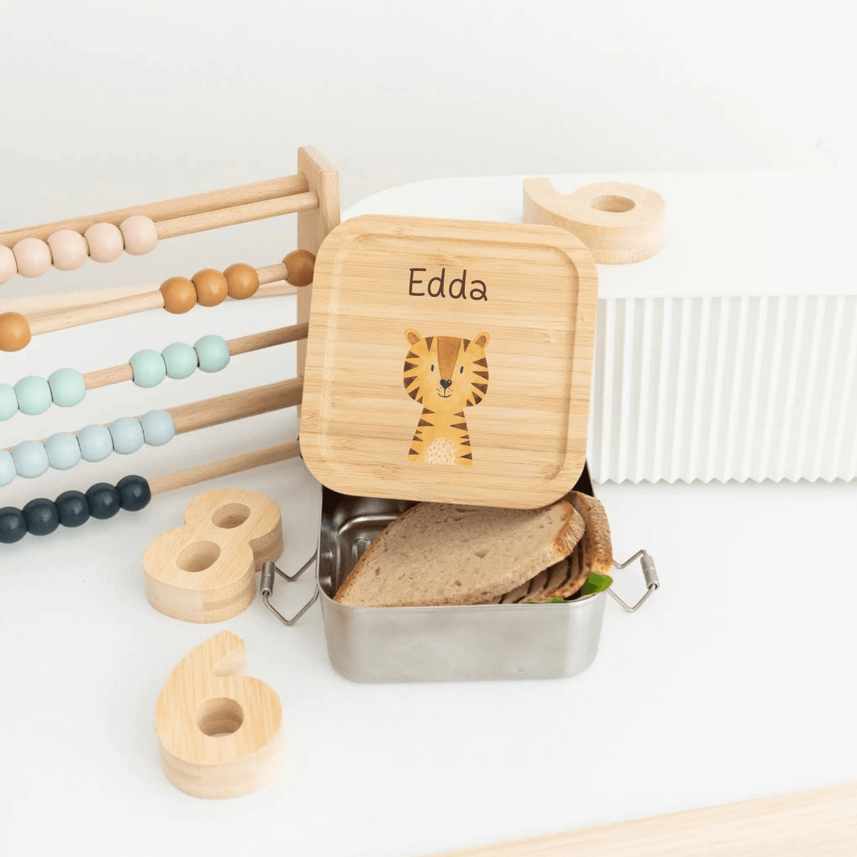 Sandwichbox Quadratische Brotdose Edelstahl personalisiert - Tier Aquarell - wunderwunsch