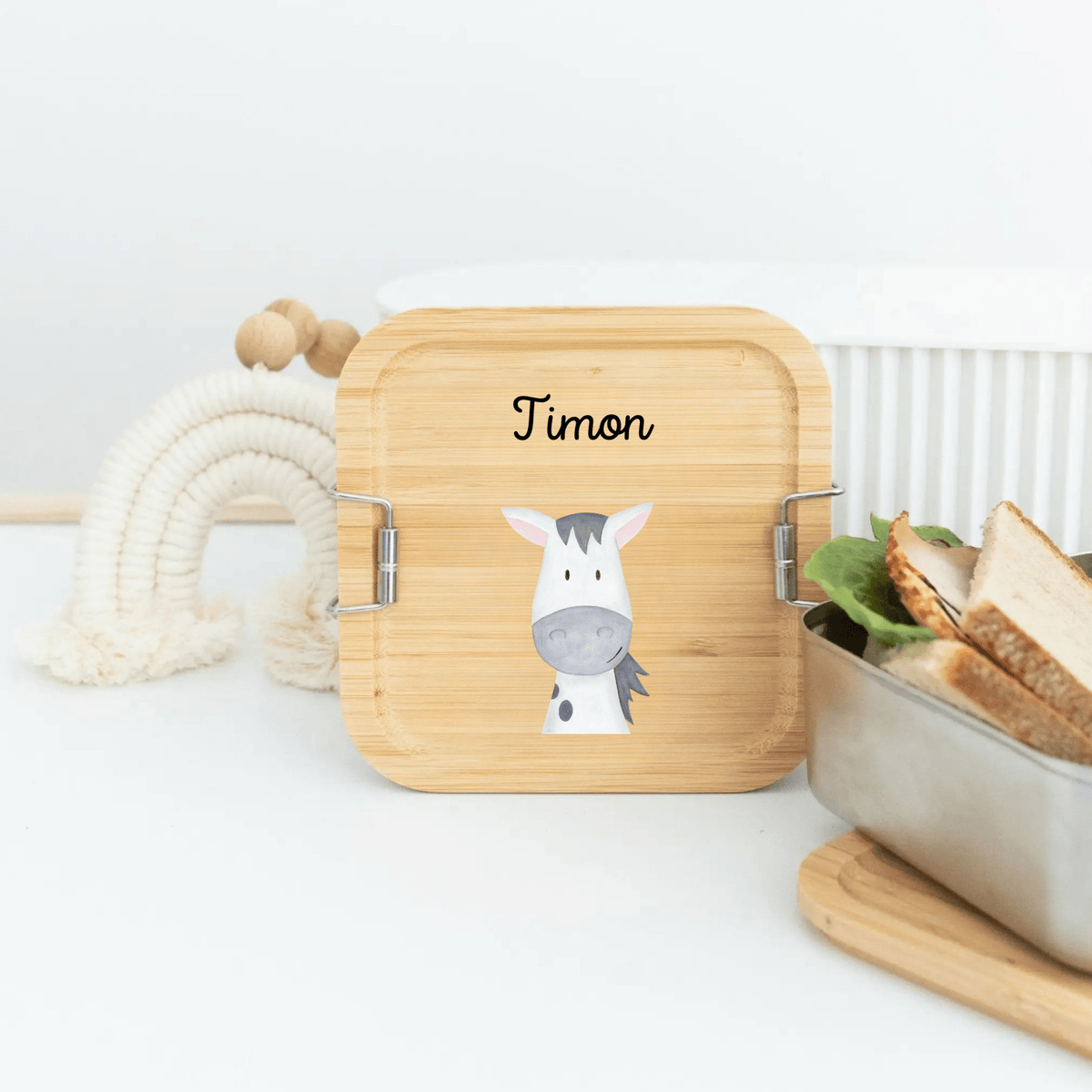 Sandwichbox Quadratische Brotdose Edelstahl personalisiert - Tier Aquarell - wunderwunsch
