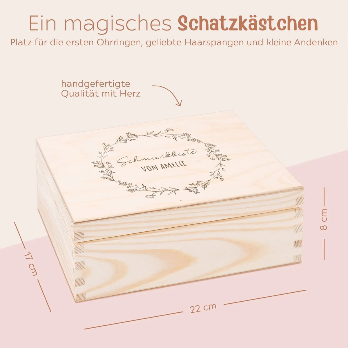 Schmuckkiste mit Spiegel aus Holz - Blumenkranz Gravur - wunderwunsch