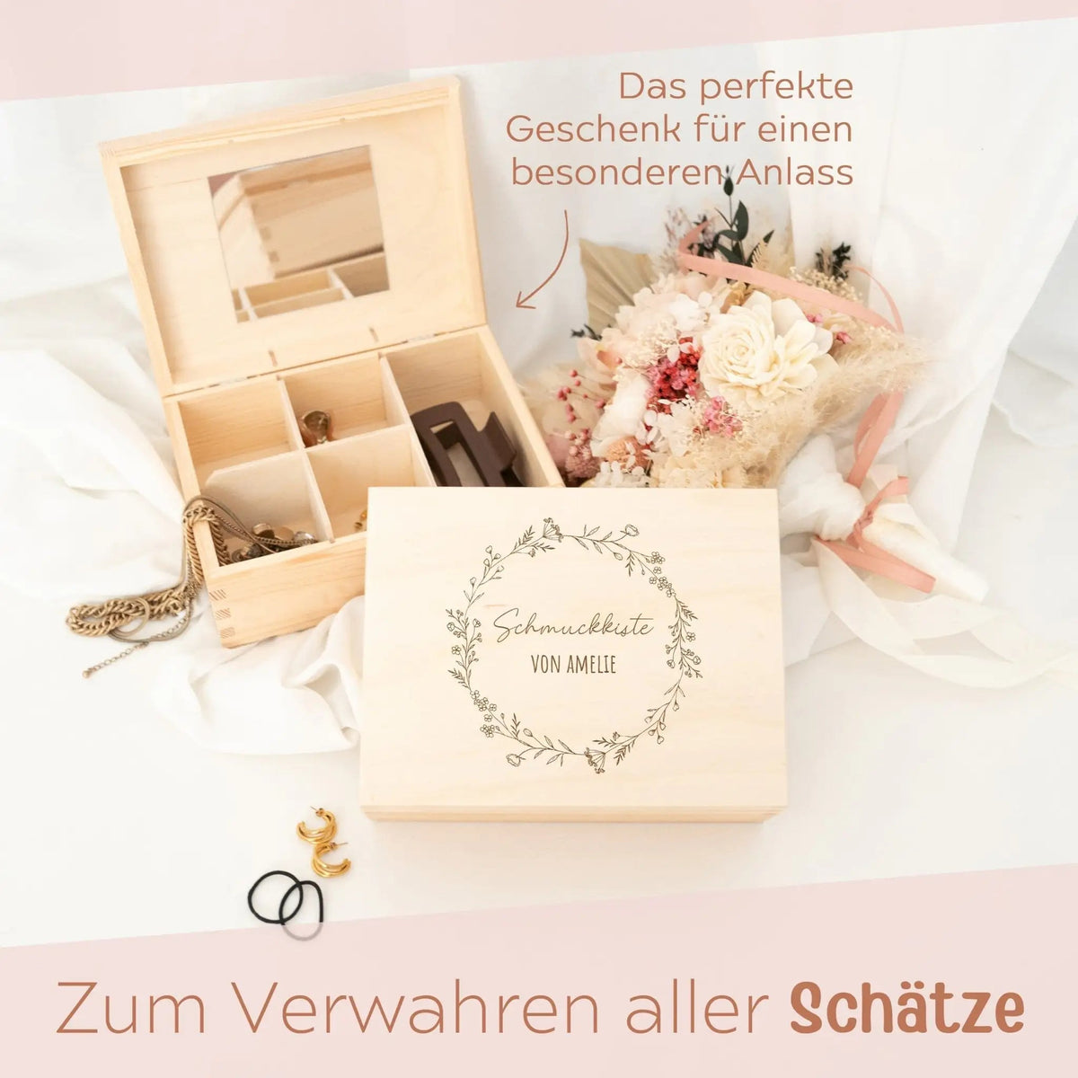 Schmuckkiste mit Spiegel aus Holz - Blumenkranz Gravur - wunderwunsch