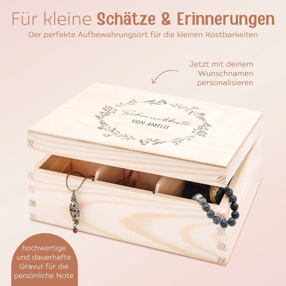 Schmuckkiste mit Spiegel aus Holz - Blumenkranz Gravur - wunderwunsch
