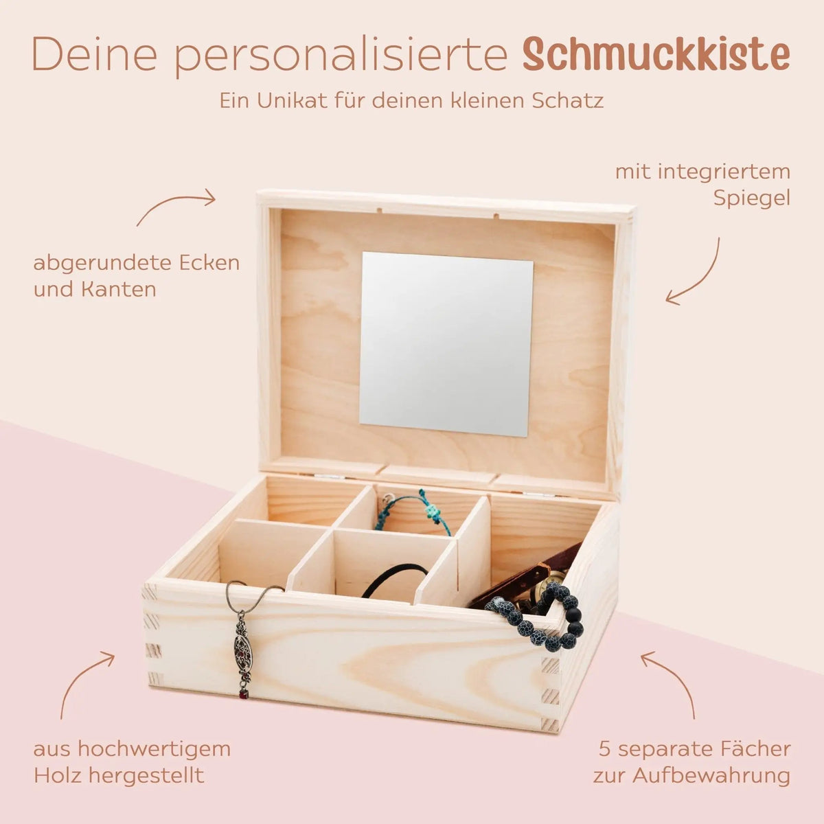 Schmuckkiste mit Spiegel aus Holz - Tiere mit Schmuck Aquarell - wunderwunsch