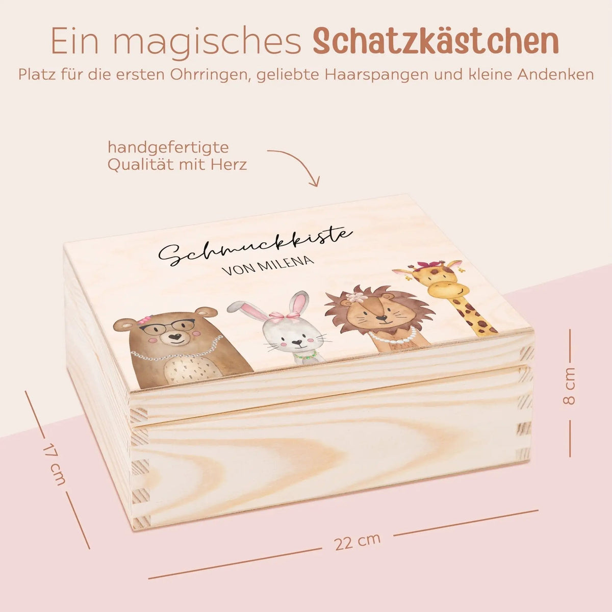 Schmuckkiste mit Spiegel aus Holz - Tiere mit Schmuck Aquarell - wunderwunsch
