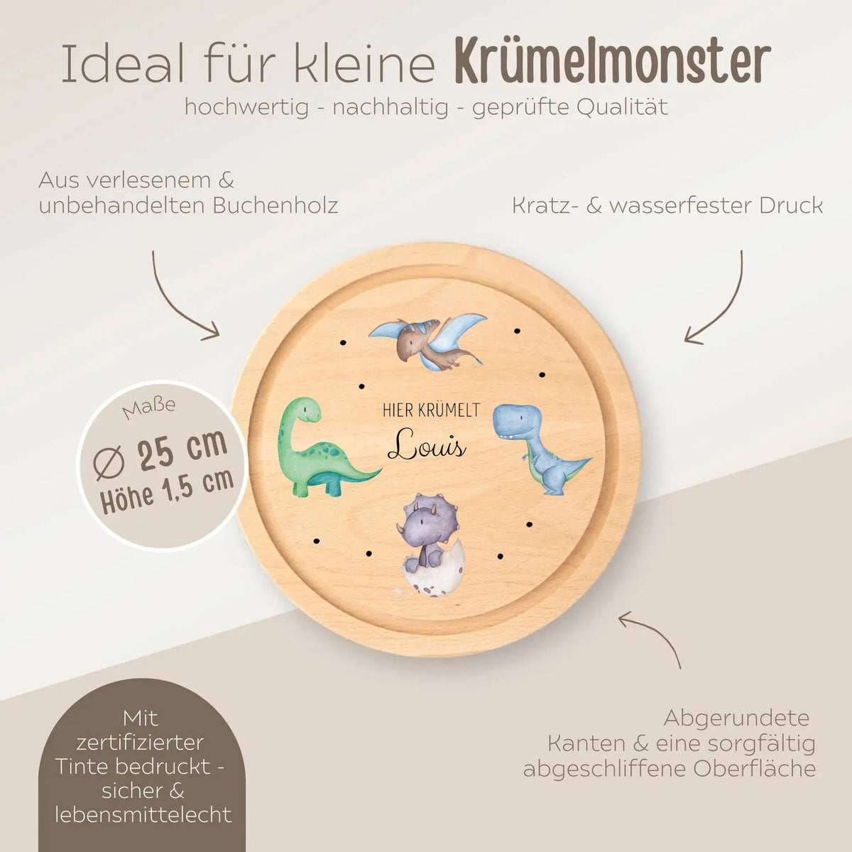 Schneidebrett Holz rund personalisiert - Dinosaurier Punkte Aquarell - wunderwunsch