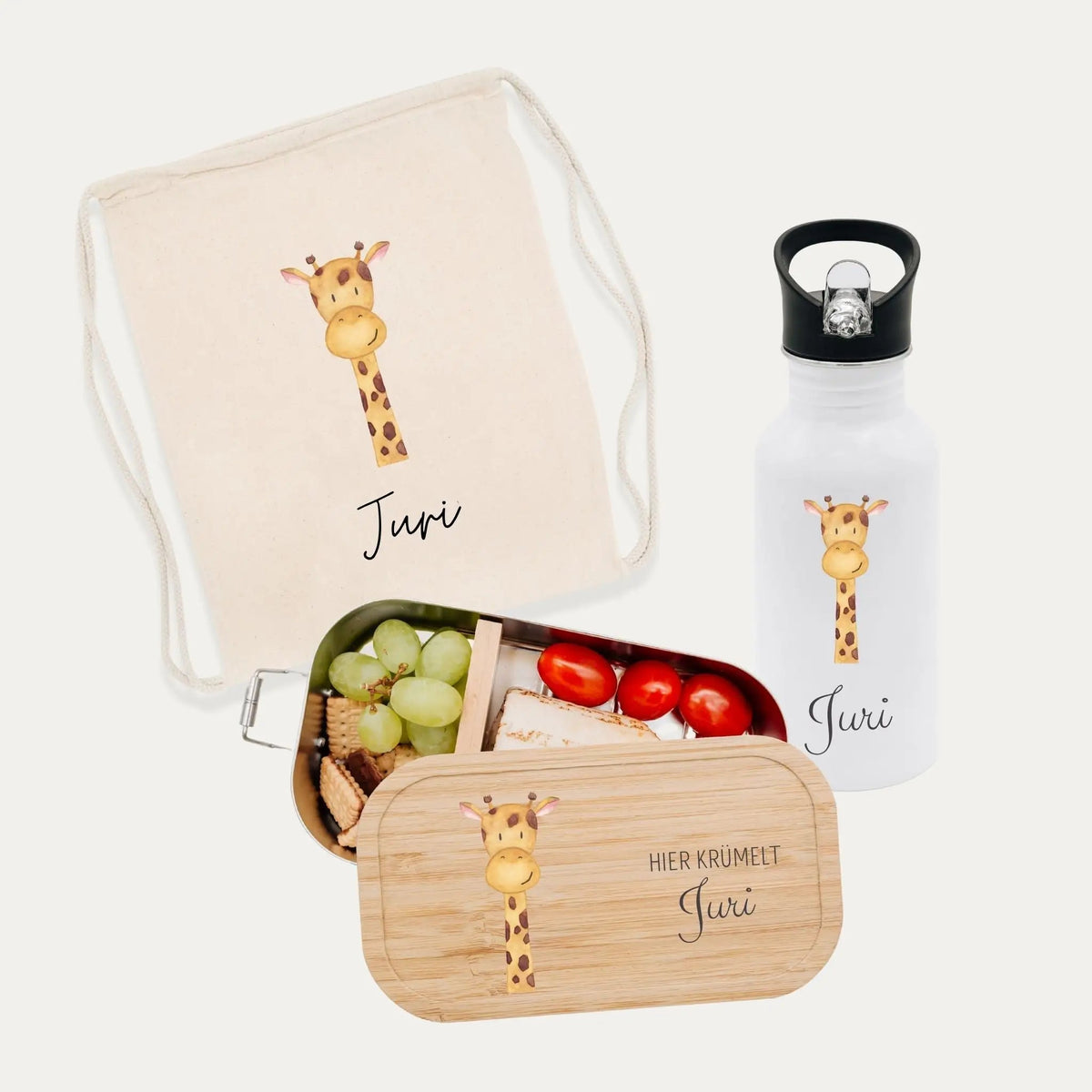 Schul-Start Bundle - Turnbeutel, Brotdose + Kinder Trinkflasche weiß personalisiert - Tier Aquarell - wunderwunsch