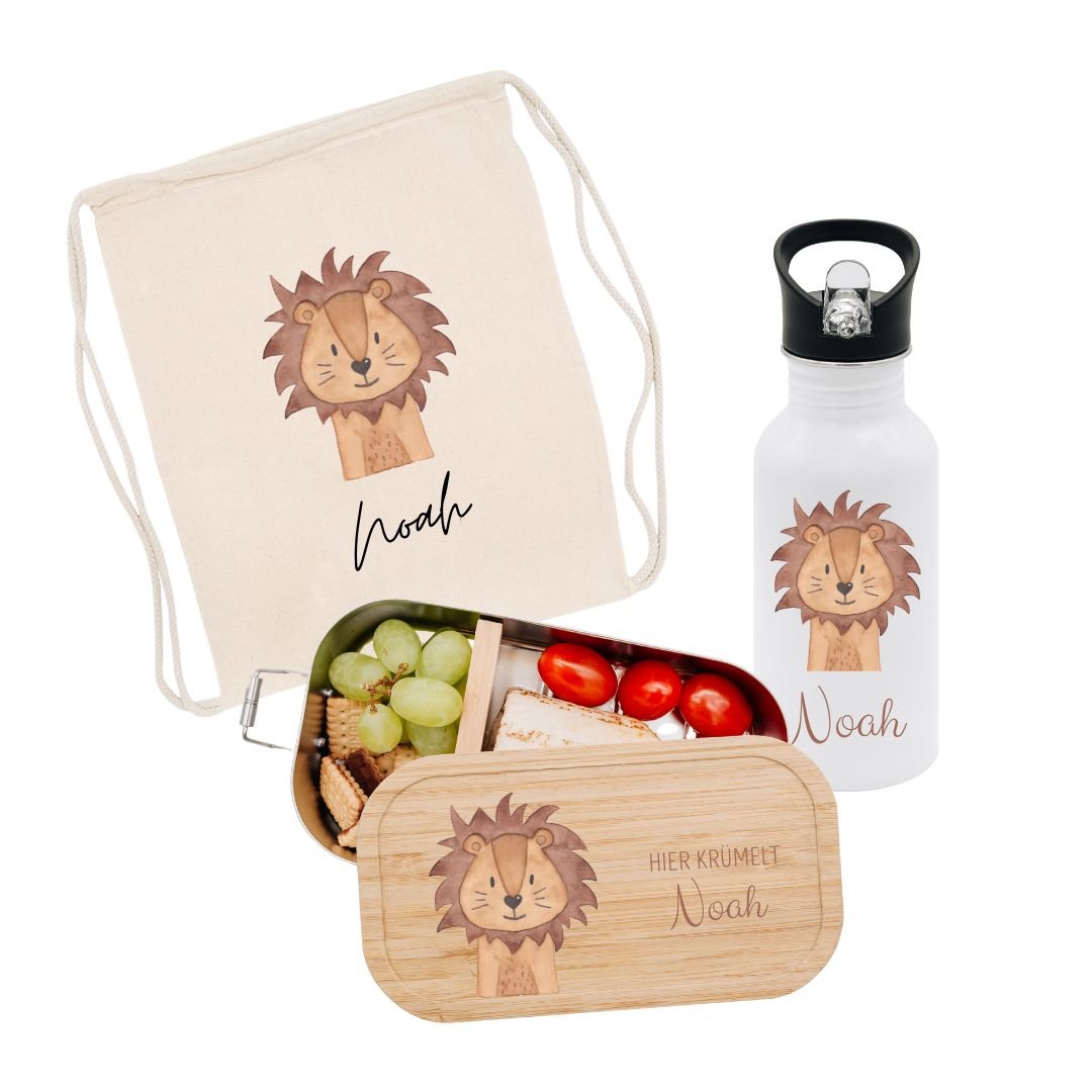 Schul-Start Bundle - Turnbeutel, Brotdose + Kinder Trinkflasche weiß personalisiert - Tier Aquarell - wunderwunsch
