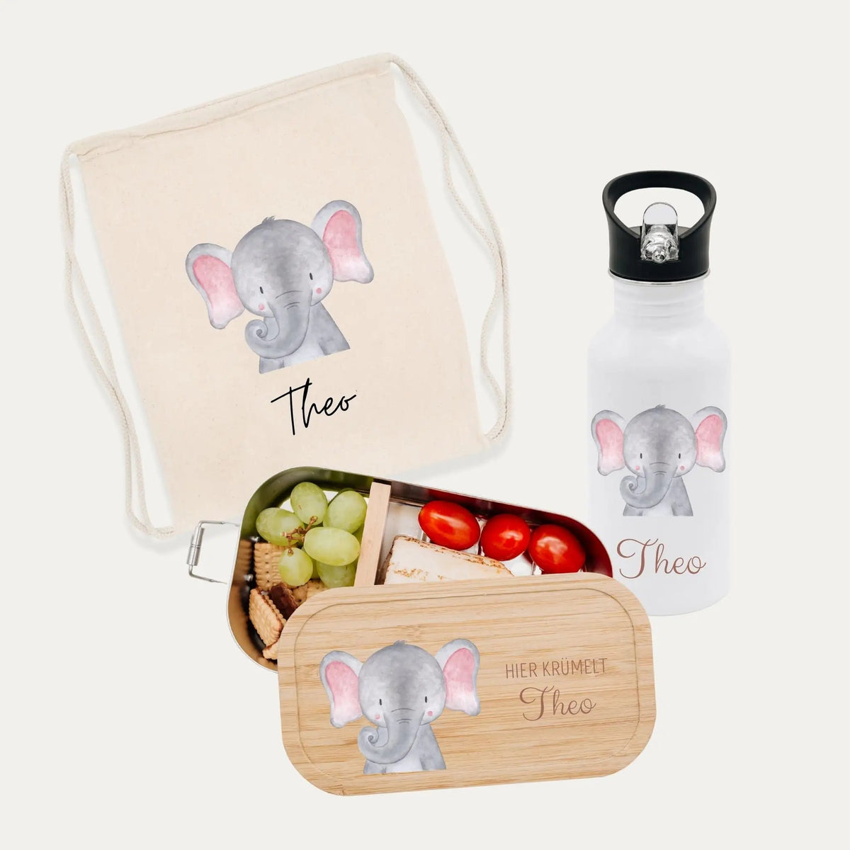 Schul-Start Bundle - Turnbeutel, Brotdose + Kinder Trinkflasche weiß personalisiert - Tier Aquarell - wunderwunsch