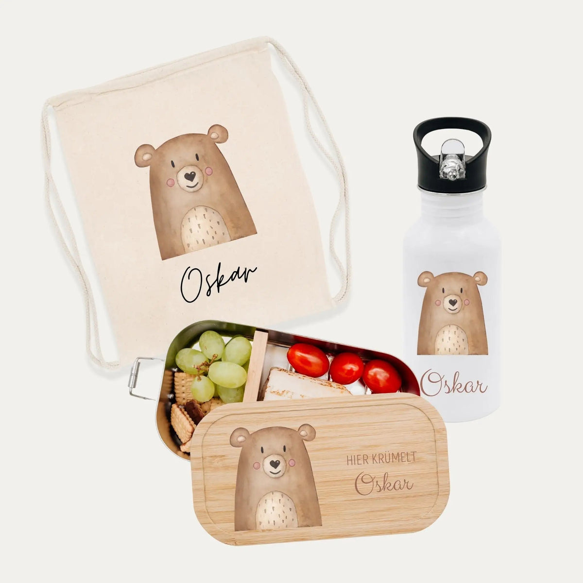Schul-Start Bundle - Turnbeutel, Brotdose + Kinder Trinkflasche weiß personalisiert - Tier Aquarell - wunderwunsch